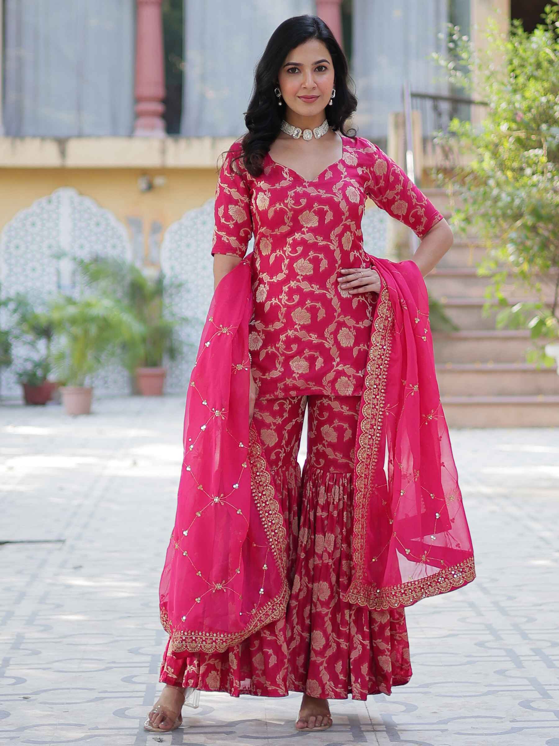 Beautiful pink weaving jacquard festival wear sharara suit with intricate design details