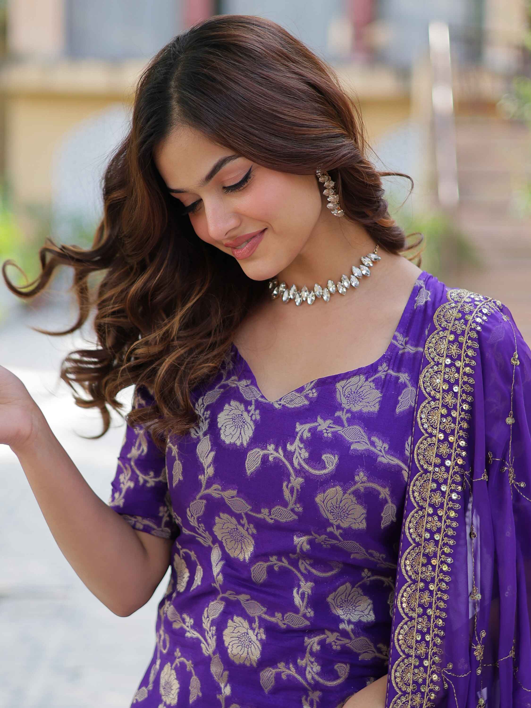 Purple jacquard sharara suit with georgette dupatta for wedding celebrations