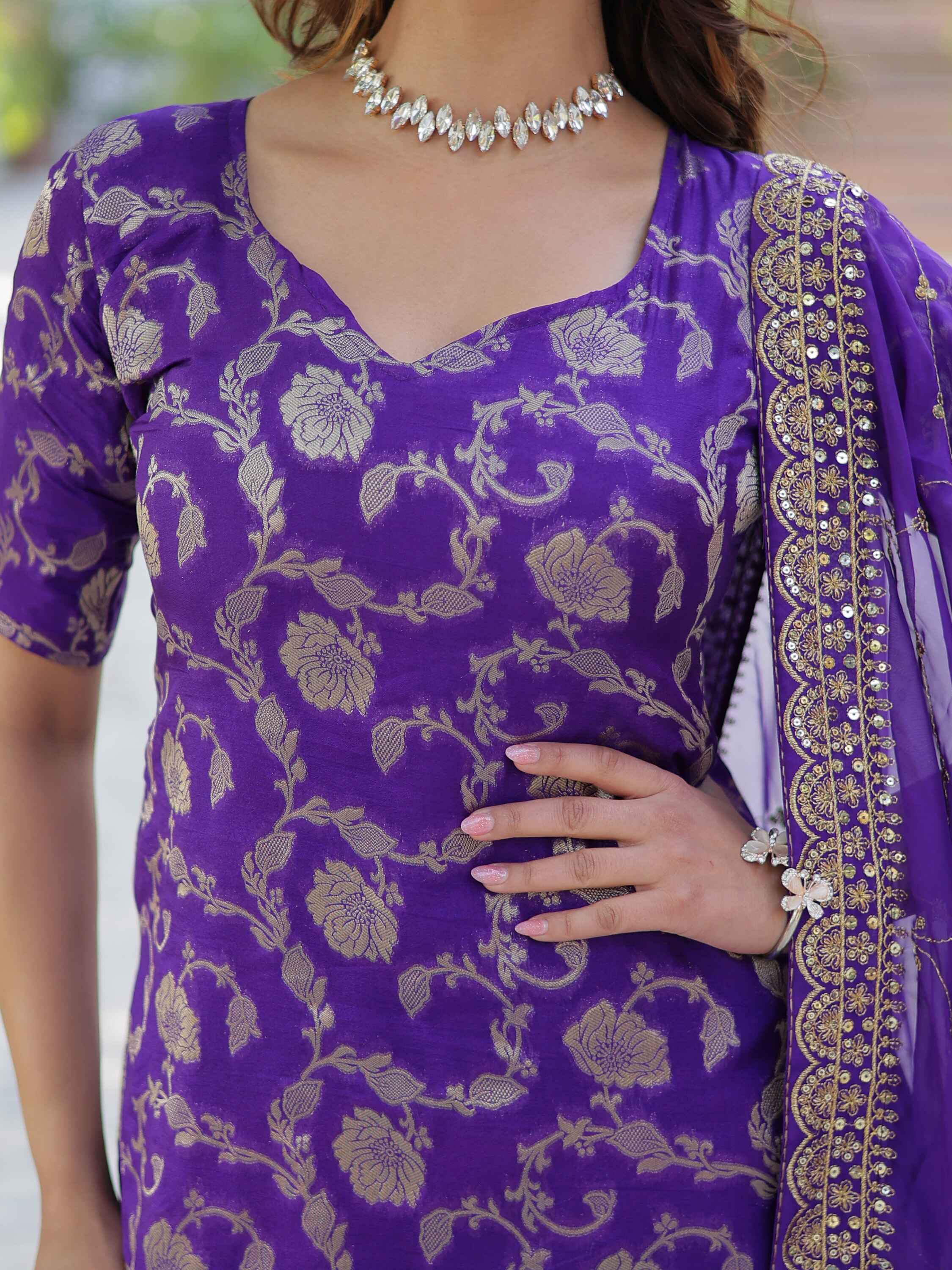 Purple jacquard ensemble with georgette dupatta for a memorable entrance