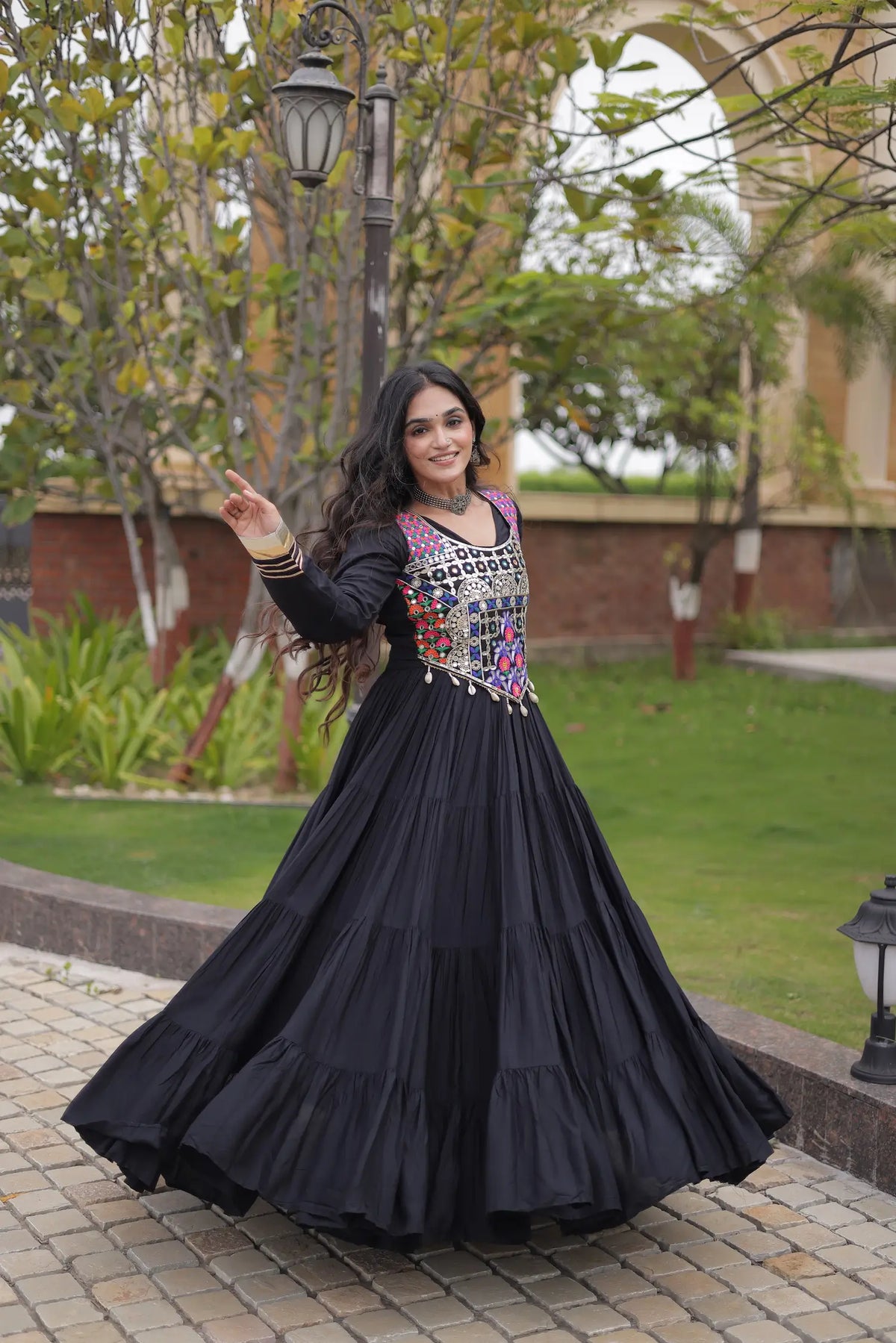 Black Navratri Gown With Embroidery Work