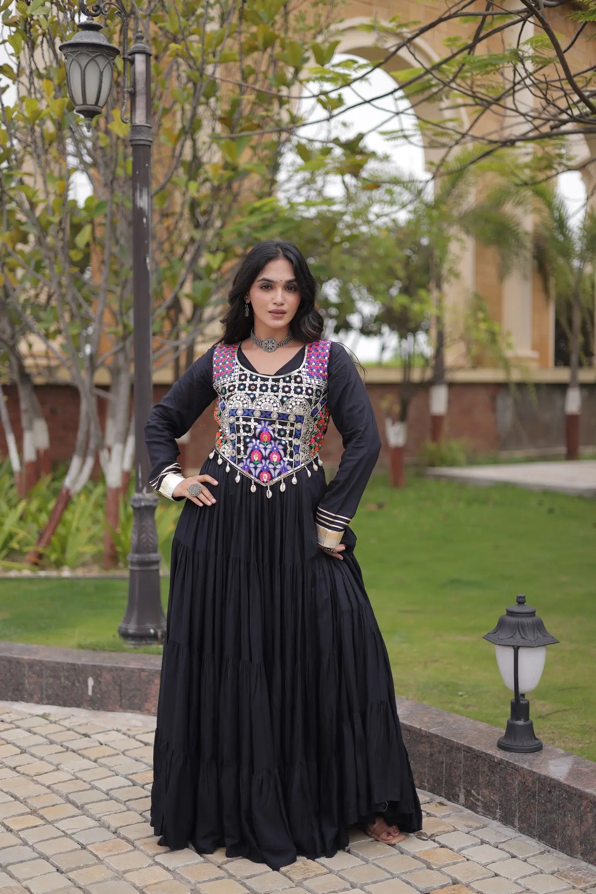 Black Navratri Gown With Embroidery Work