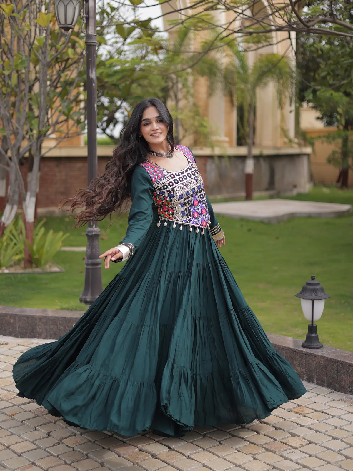 Green Navratri Gown With Embroidery Work