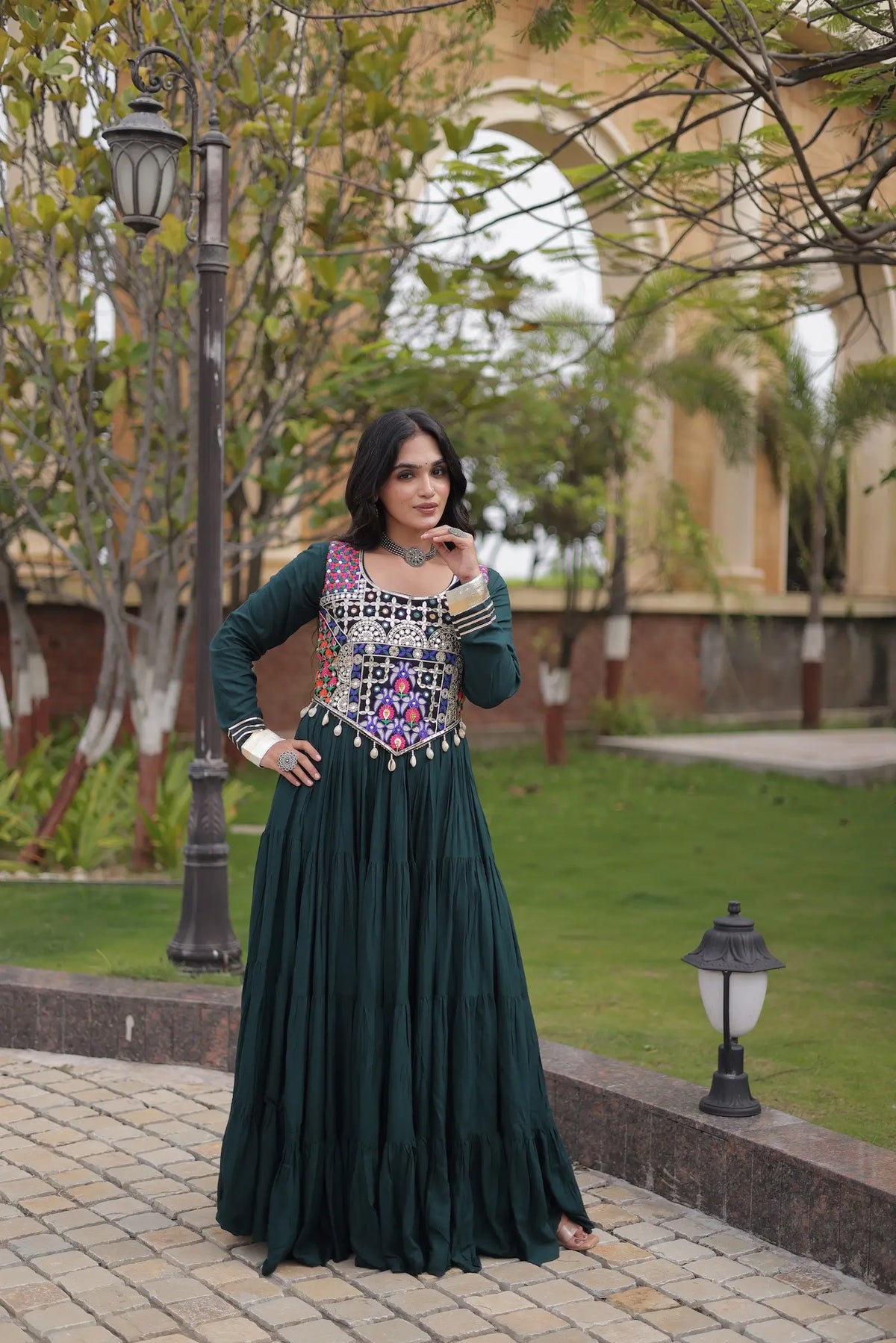 Green Navratri Gown With Embroidery Work