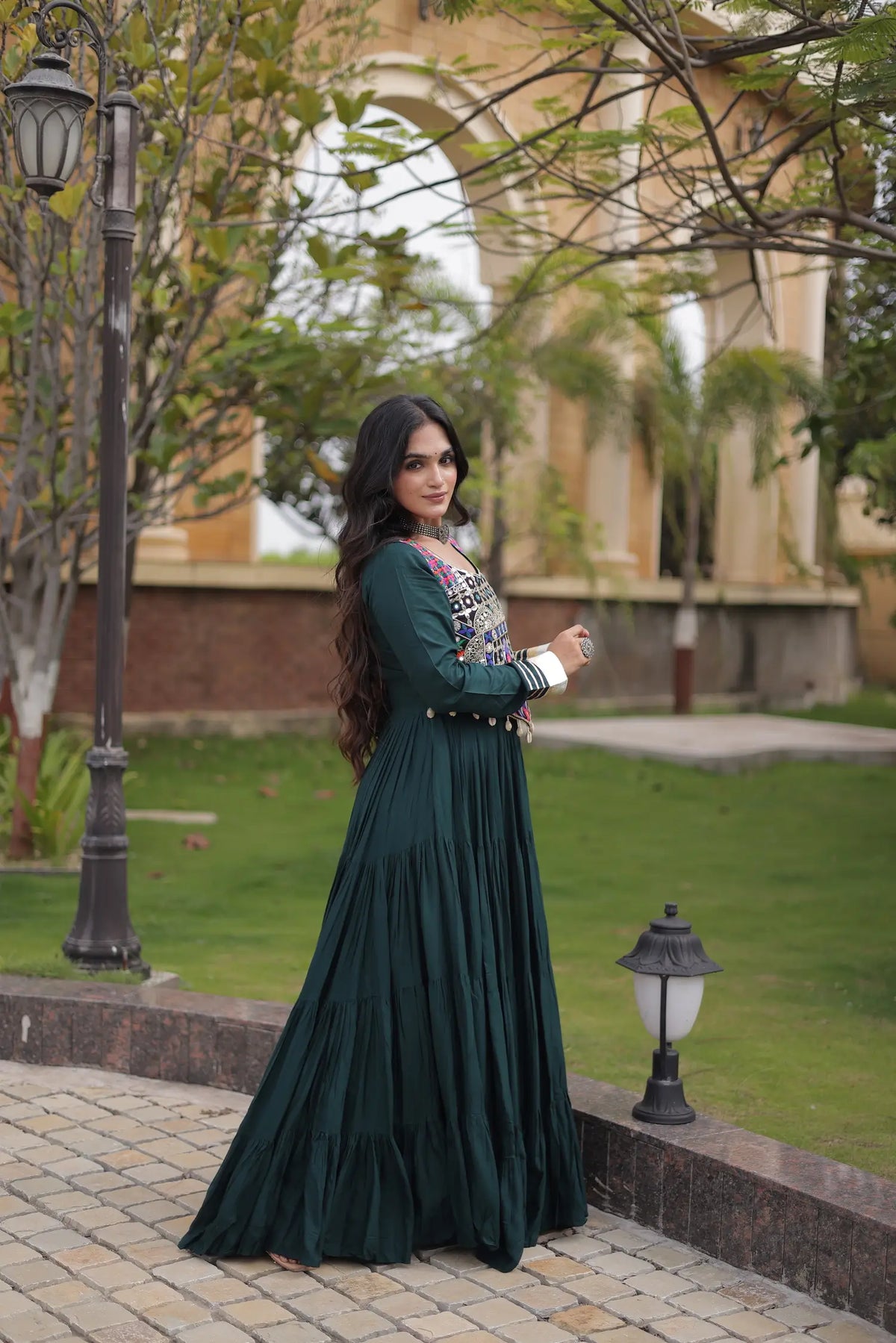 Green Navratri Gown With Embroidery Work