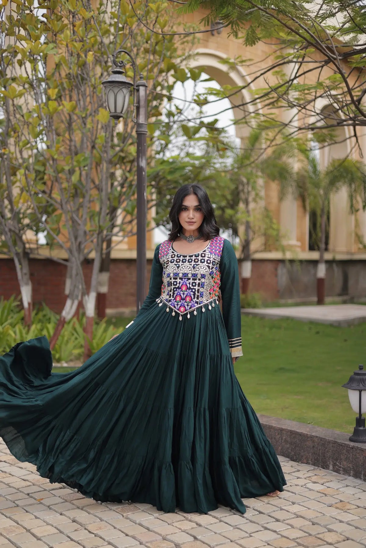 Green Navratri Gown With Embroidery Work