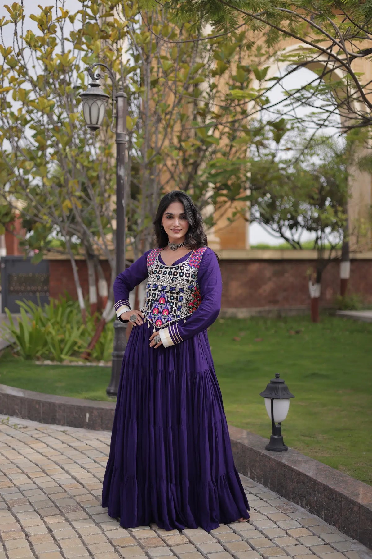 Purple Navratri Gown With Embroidery Work