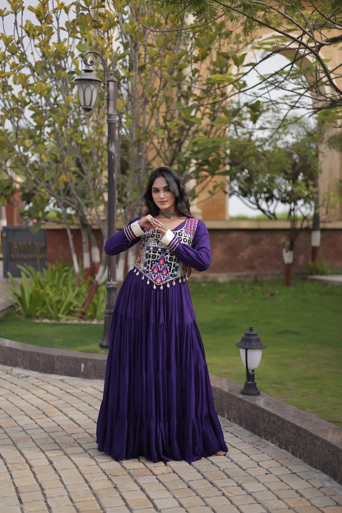 Purple Navratri Gown With Embroidery Work