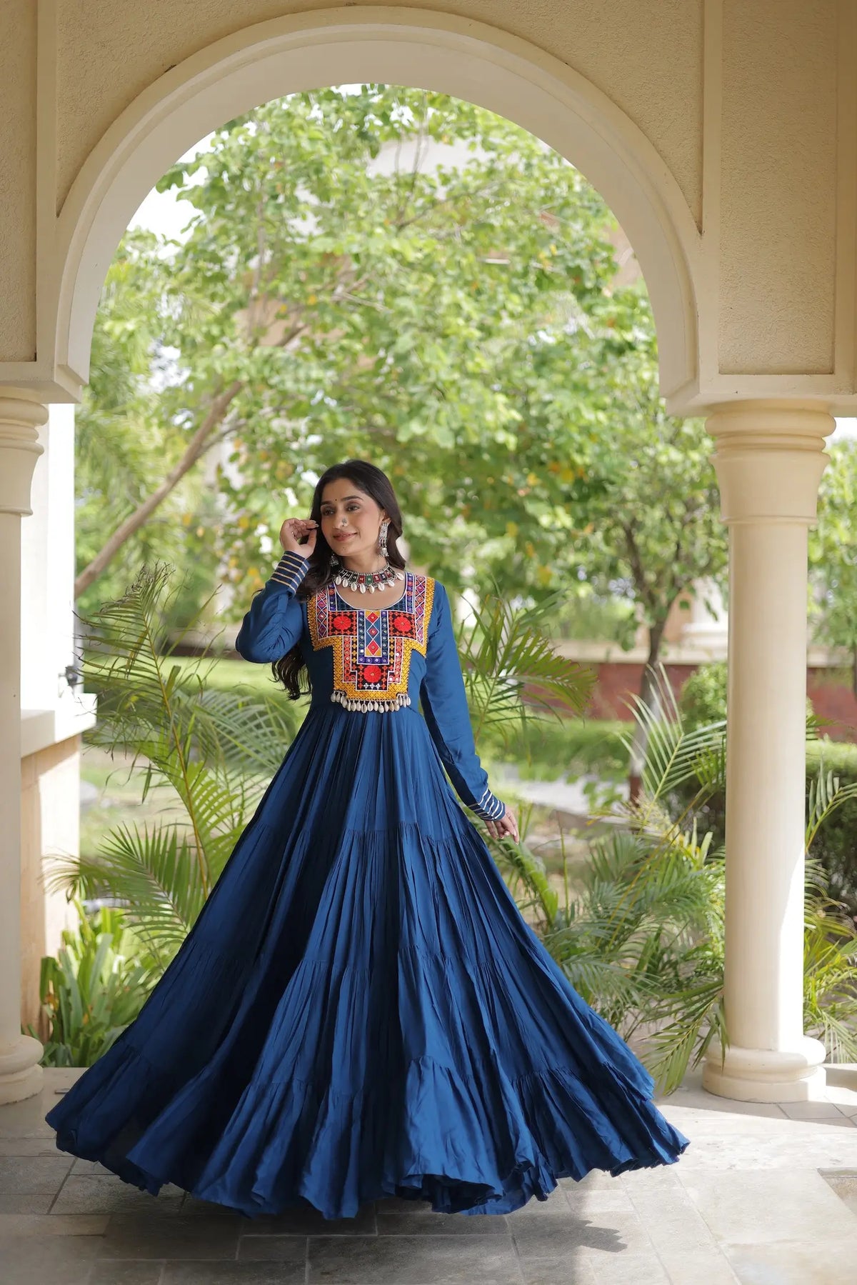 Teal Blue Navratri Gown With Mirror Gamthi Work