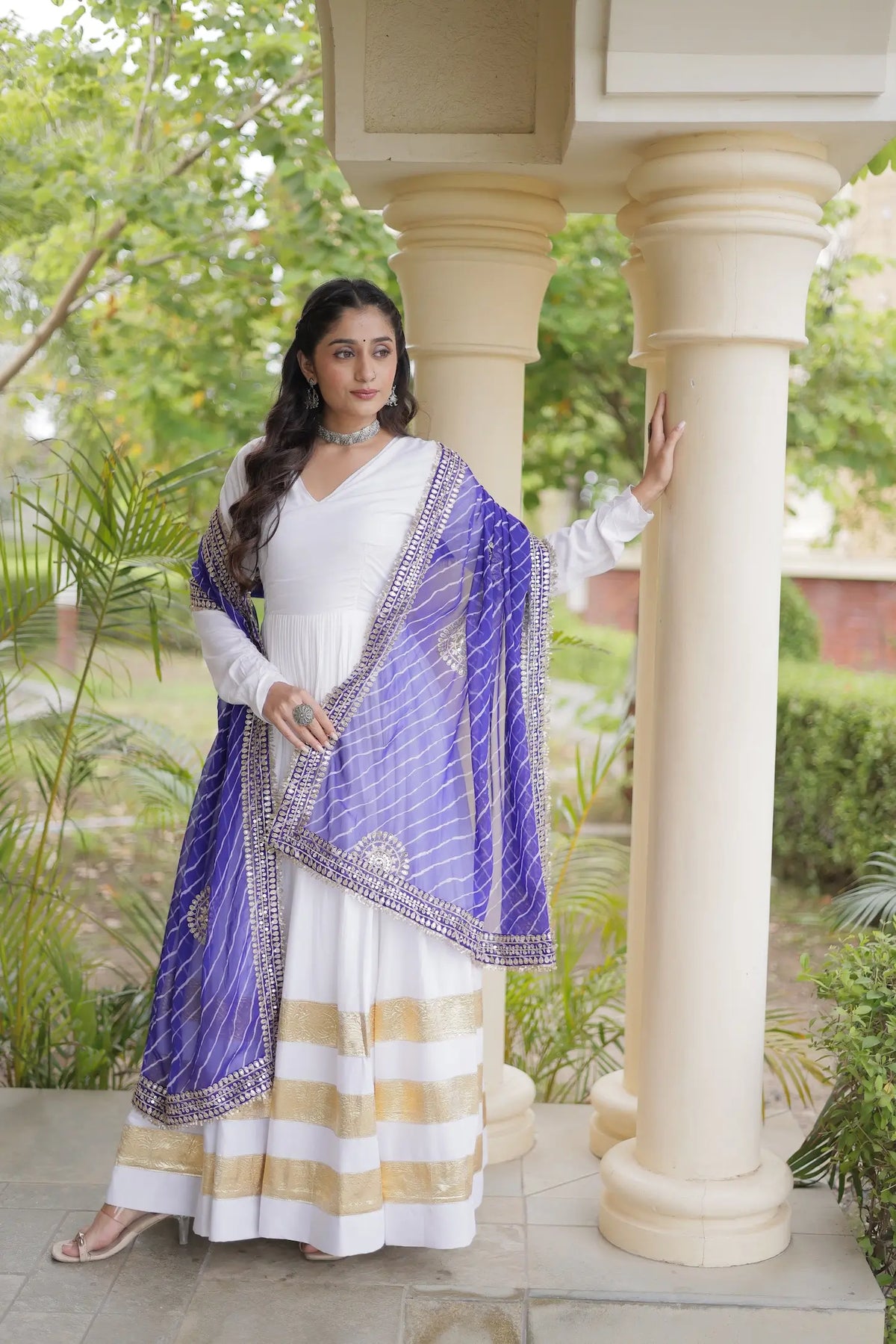 White Navratri Gown With Embroidered Dupatta