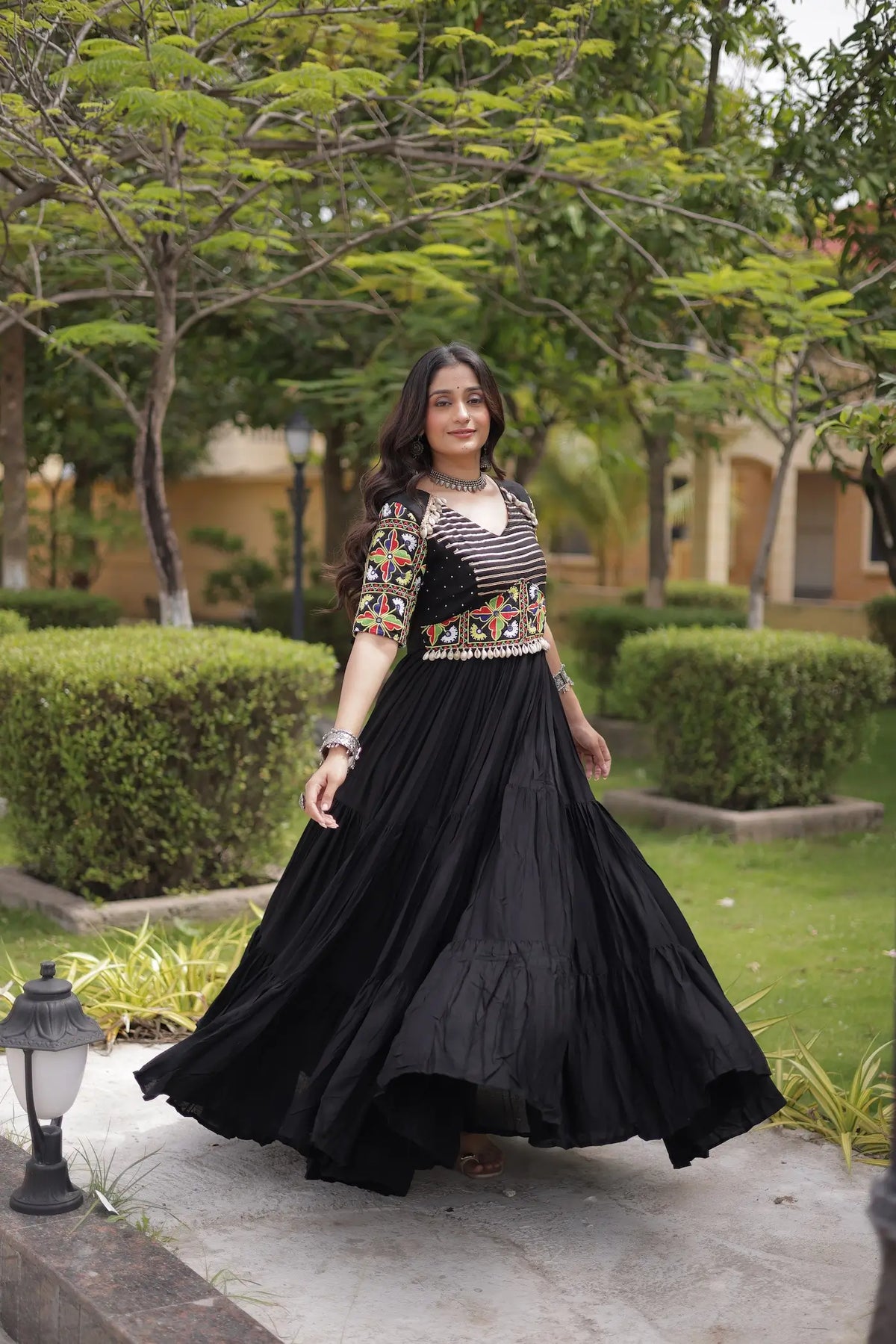 Black Kutchi Gamthi Work Gown With Lace Touch Up