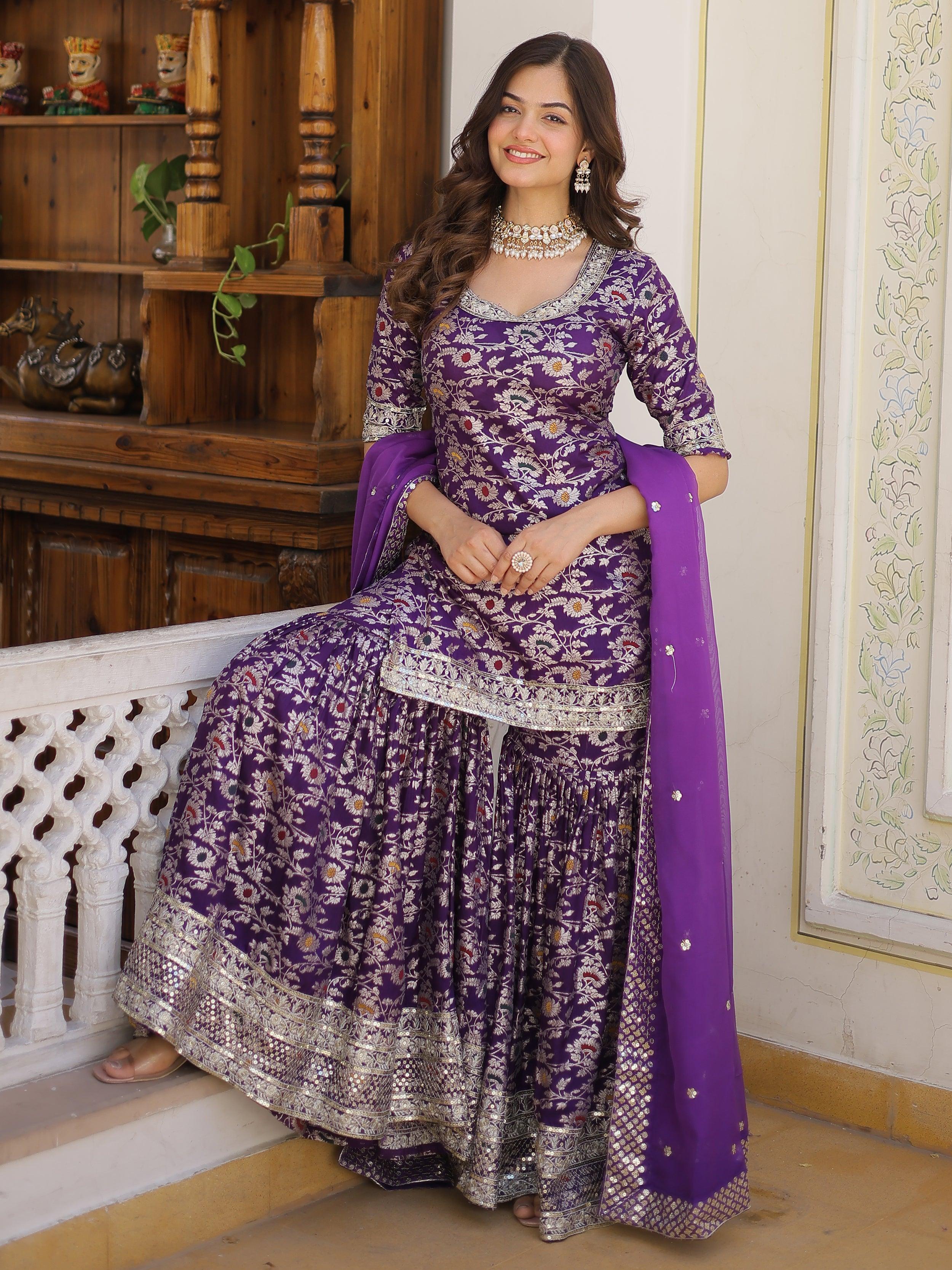 Tantalizing purple embroidered jacquard wedding wear sharara suit with intricate detailing