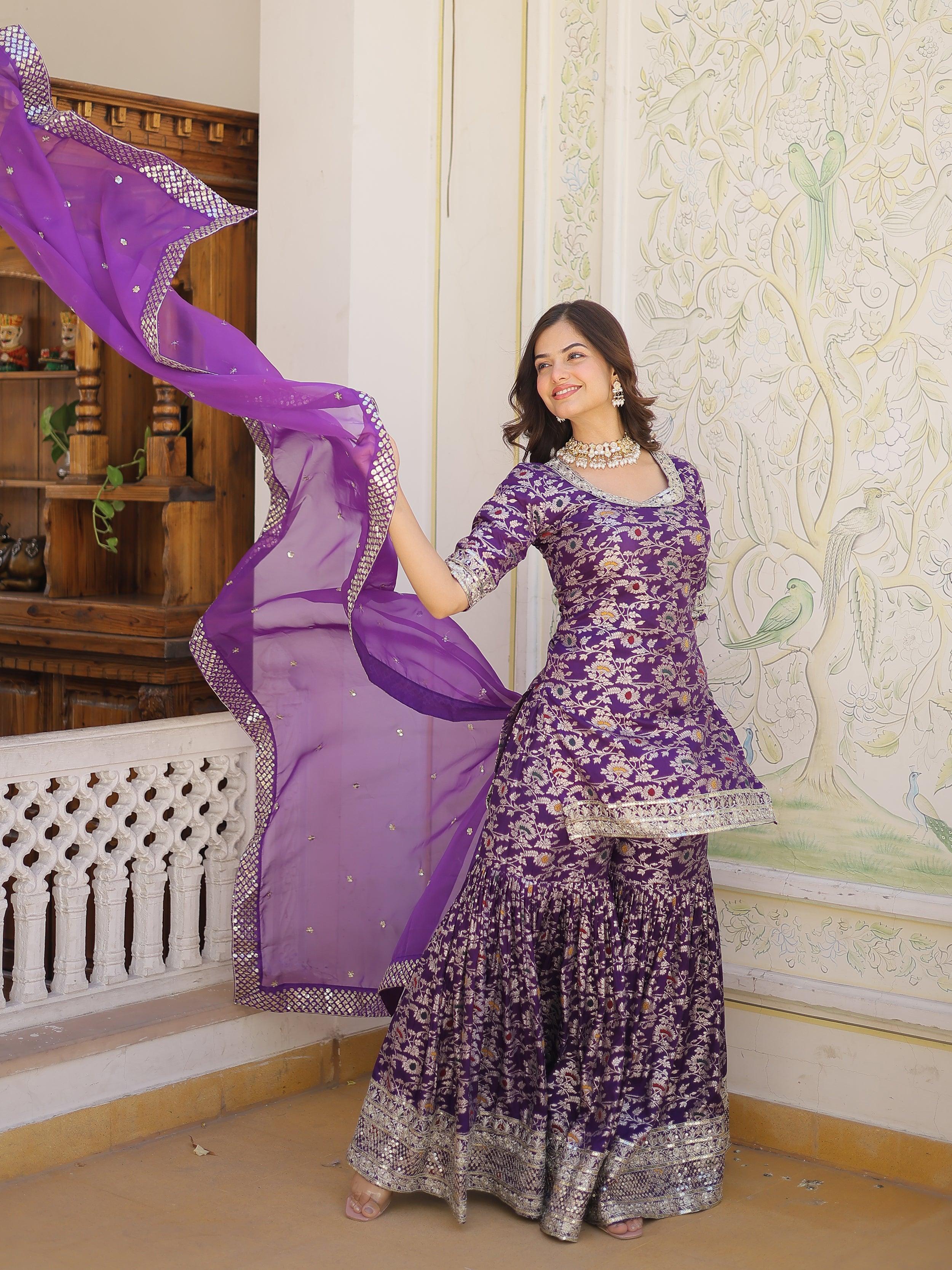 Beautiful Tantalizing Purple Embroidered Jacquard Wedding Wear Sharara Suit with intricate detailing and elegant design