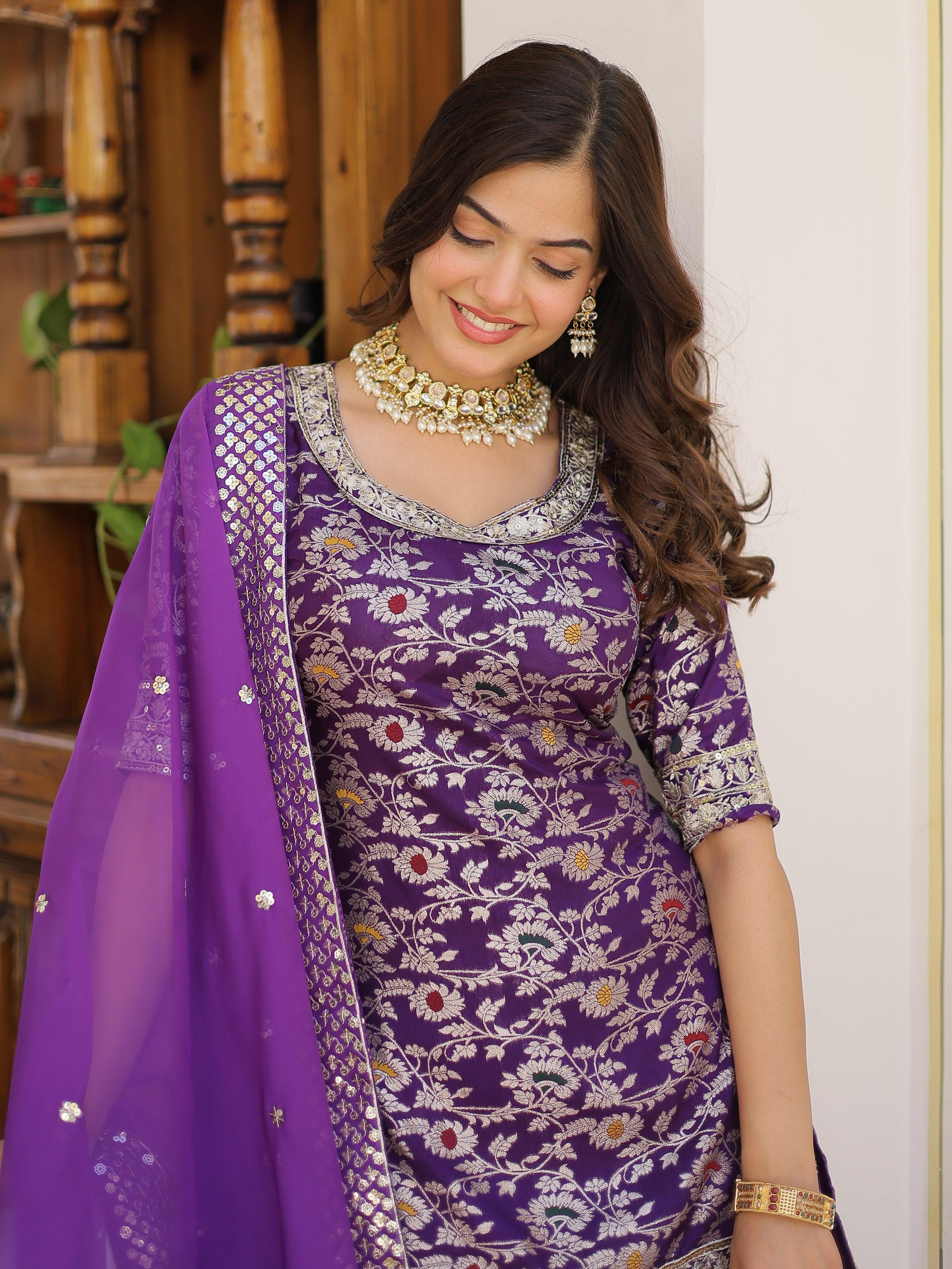 Tantalizing Purple Embroidered Jacquard Wedding Wear Sharara Suit with intricate detailing and elegant design