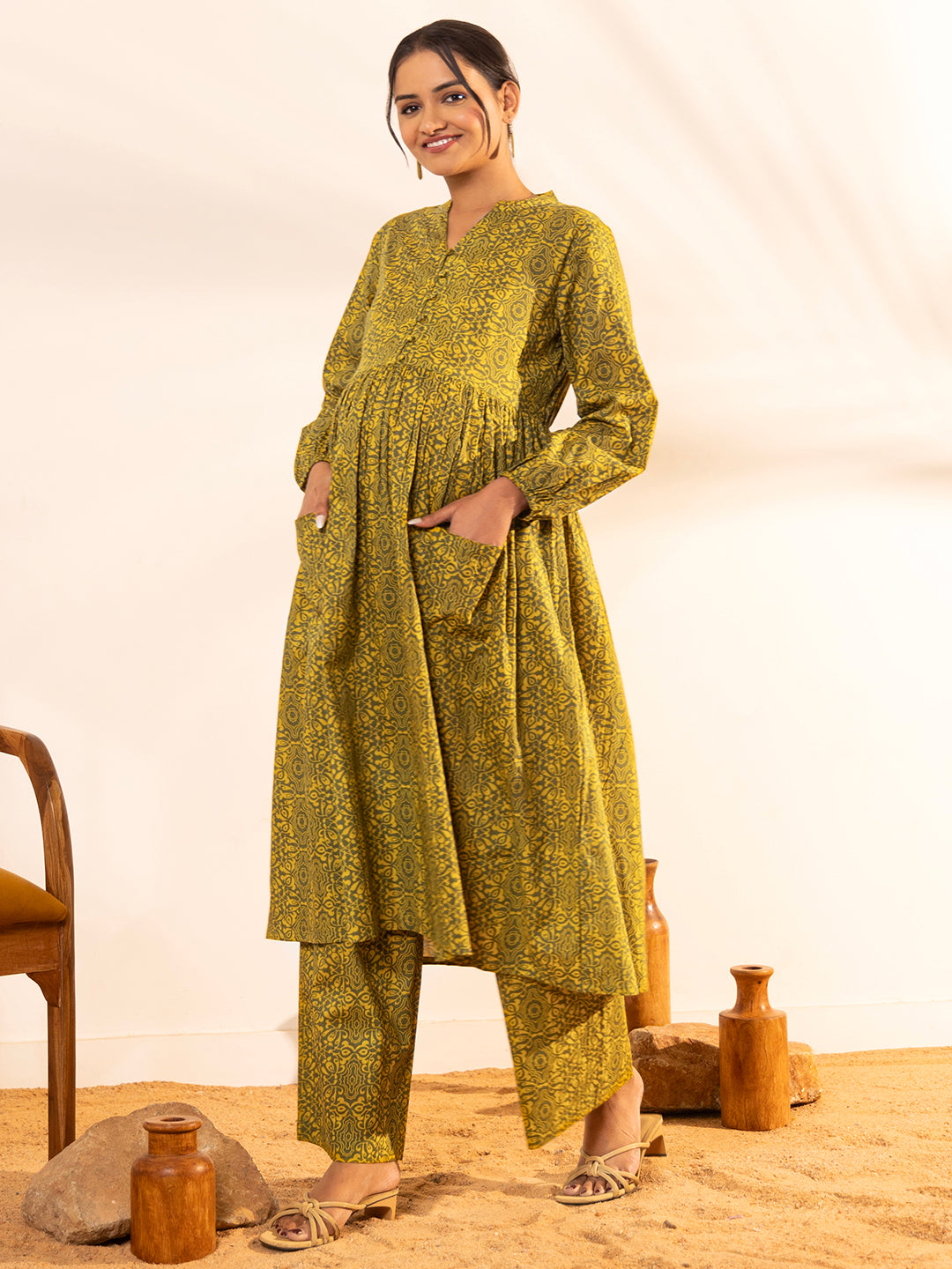 Olive Cotton Printed Gathered Maternity Kurta Set - qivii