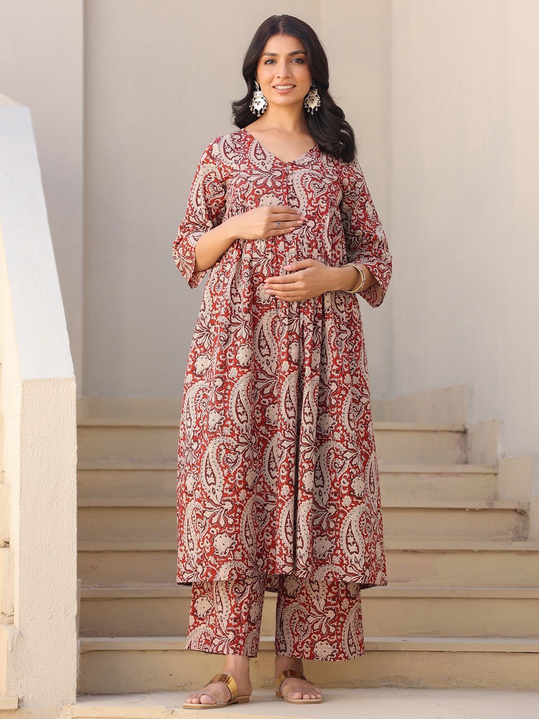 Maroon Pure Cotton Paisley Printed A-line Maternity Kurta Pant Set - qivii
