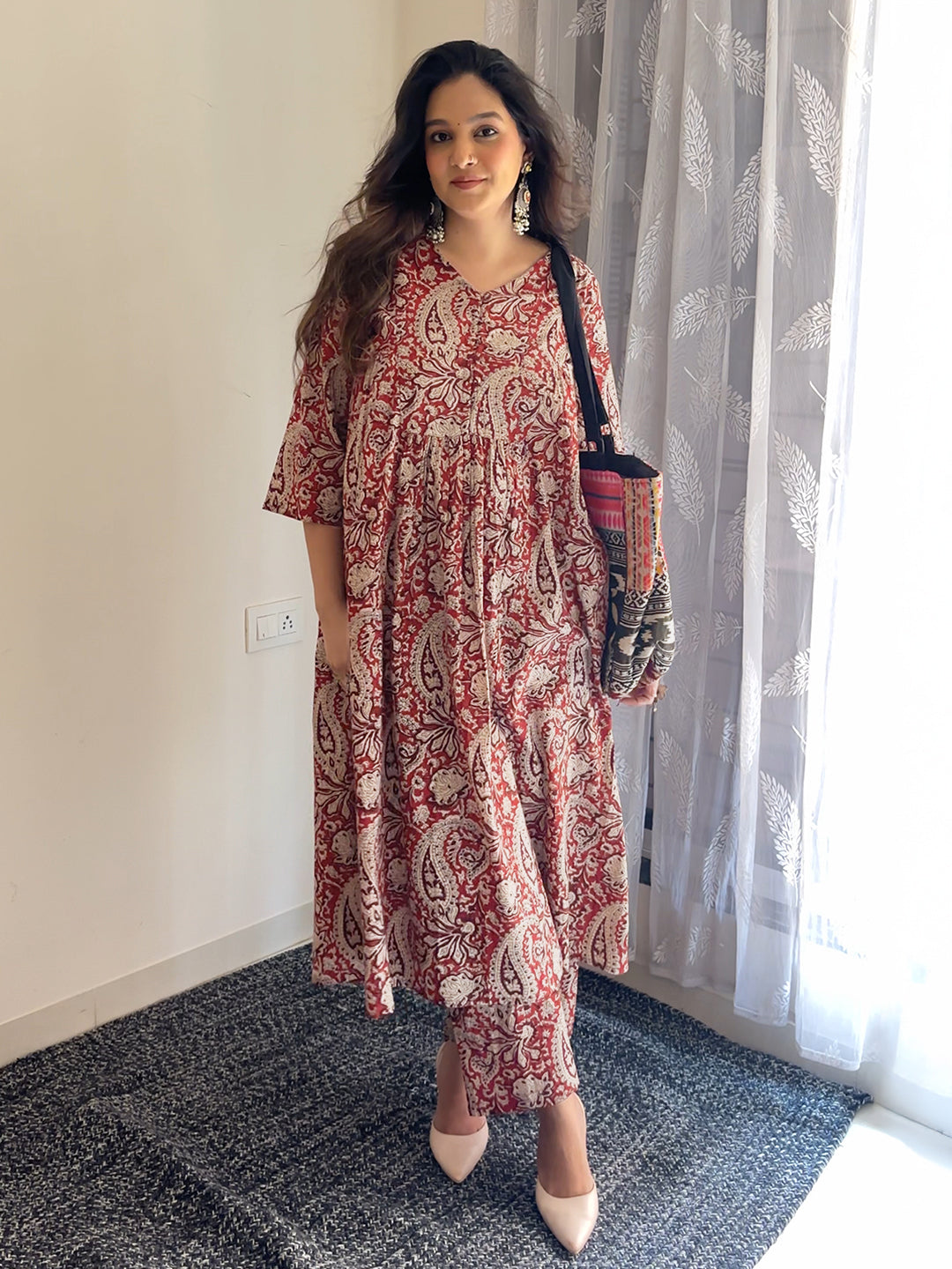 Maroon Pure Cotton Paisley Printed A-line Maternity Kurta Pant Set - qivii