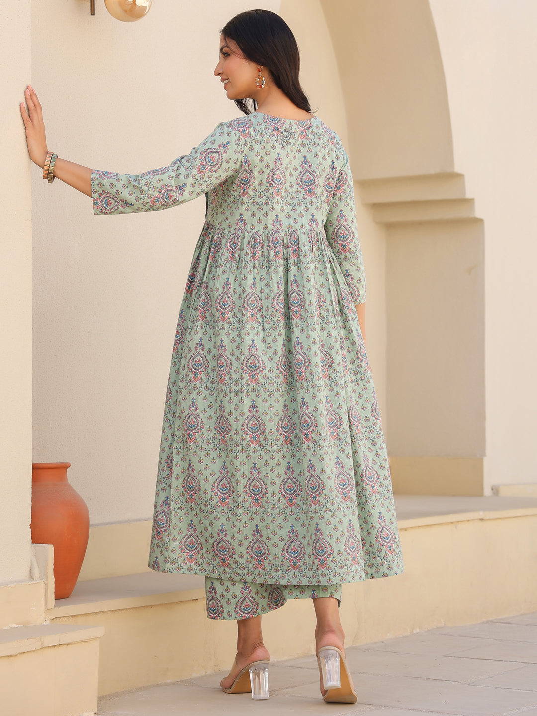 Light Green Pure Cotton Floral Printed A-line Maternity Kurta Pant Set - qivii