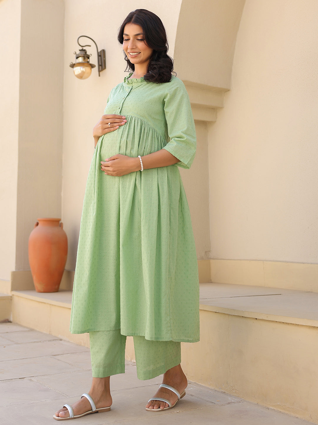 Green Dobby Pure Cotton Self Design A-line Maternity Kurta Pant Set - qivii
