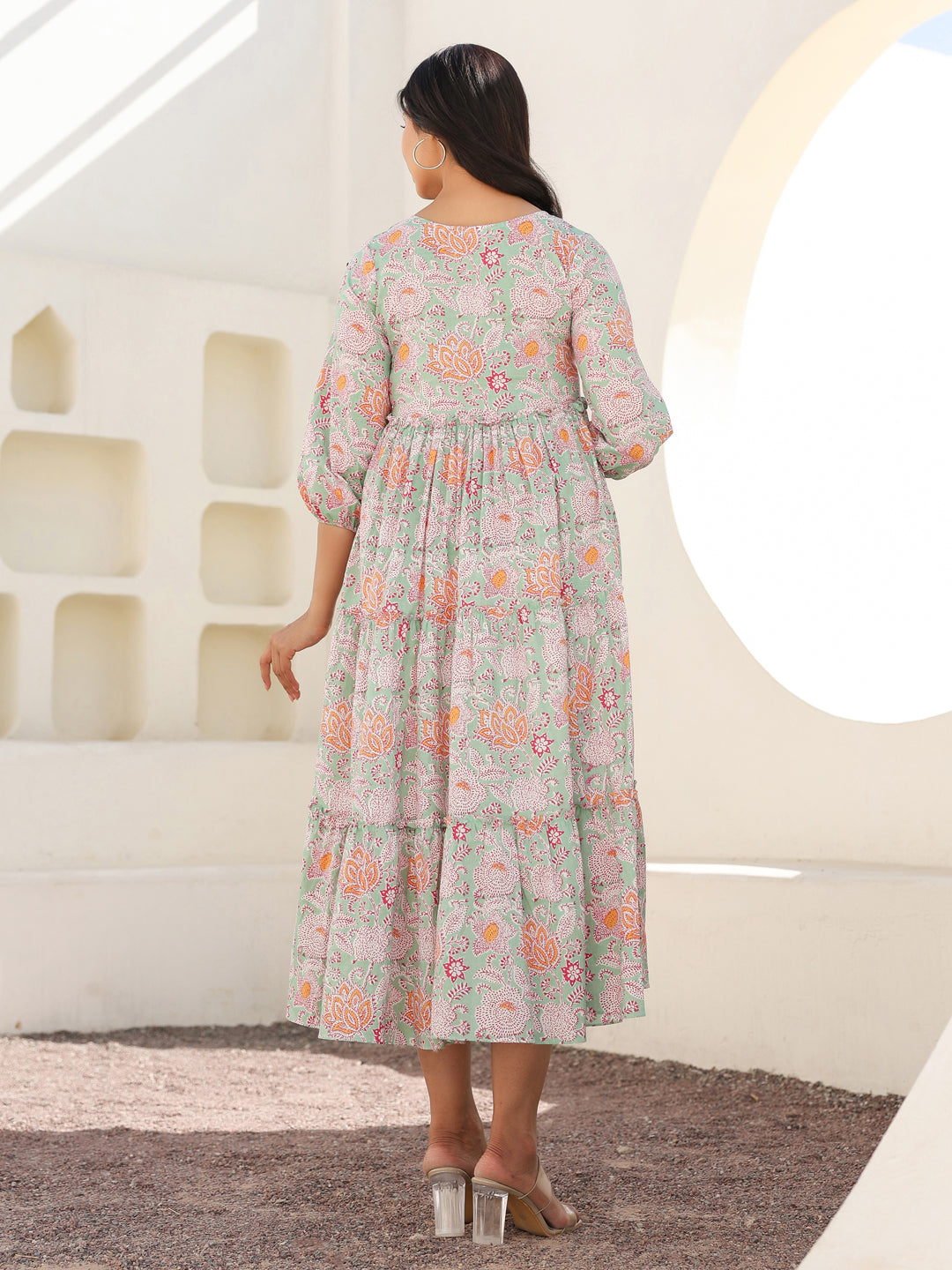 Light Green Pure Cotton Floral Printed Tiered Maternity Dress - qivii