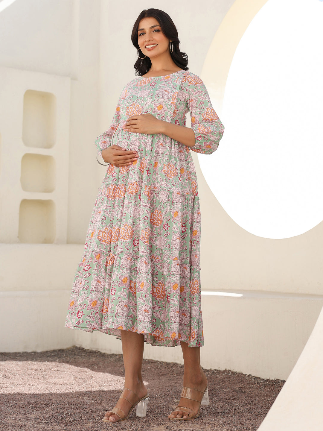 Light Green Pure Cotton Floral Printed Tiered Maternity Dress - qivii
