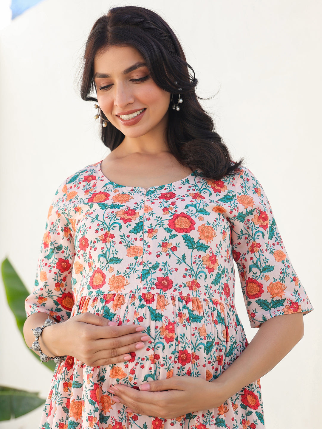 Peach Pure Cotton Floral Printed Fit & Flare Maternity Dress - qivii