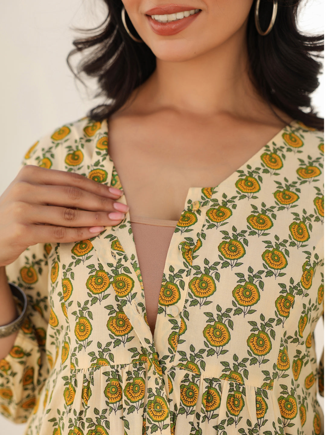 Cream Pure Cotton Floral Printed A-line Maternity Dress - qivii