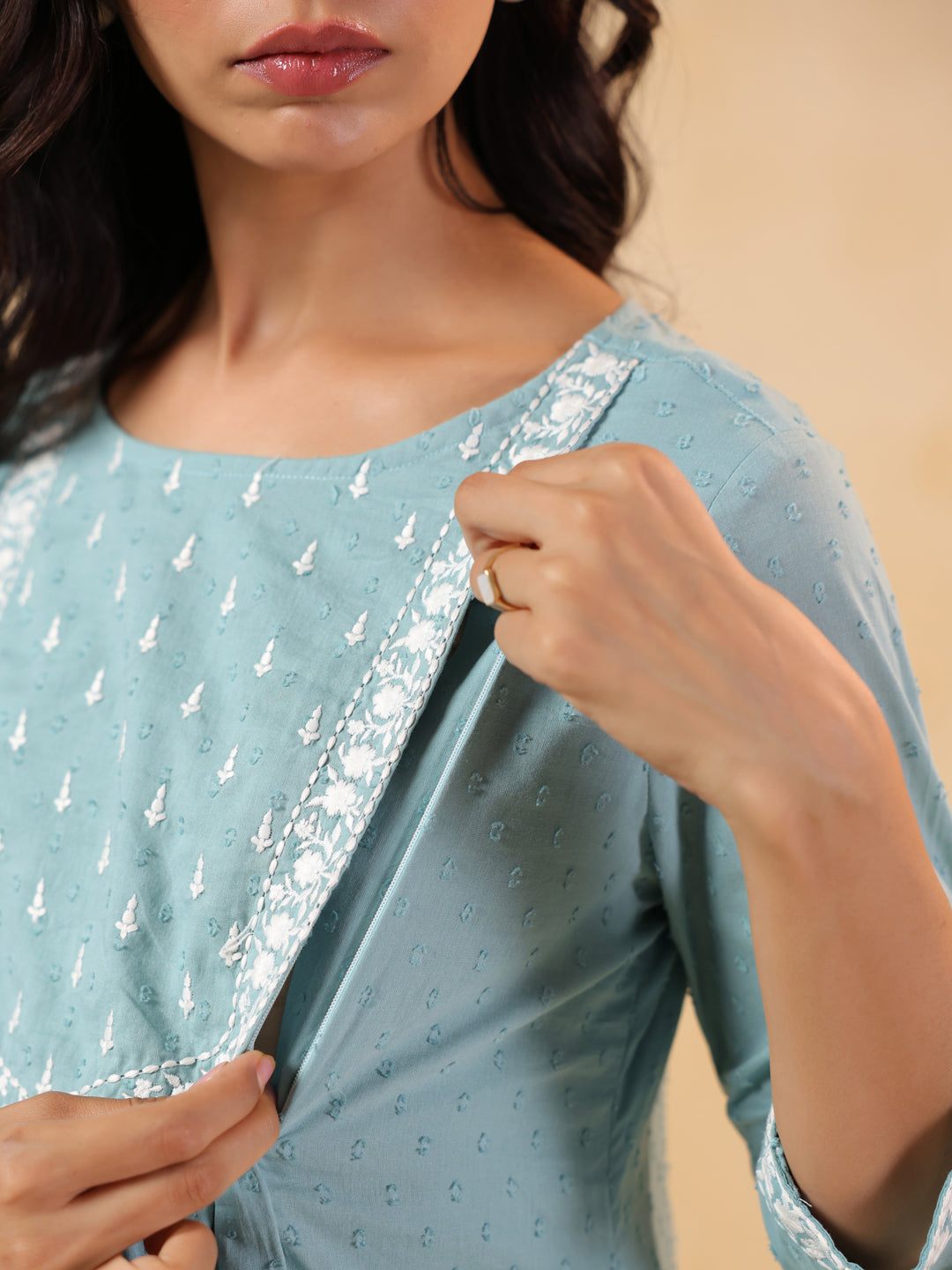 Janasya Women's Light Blue Dobby Pure Cotton Yoke Embroidered A-line Maternity Kurta Pant Set - qivii