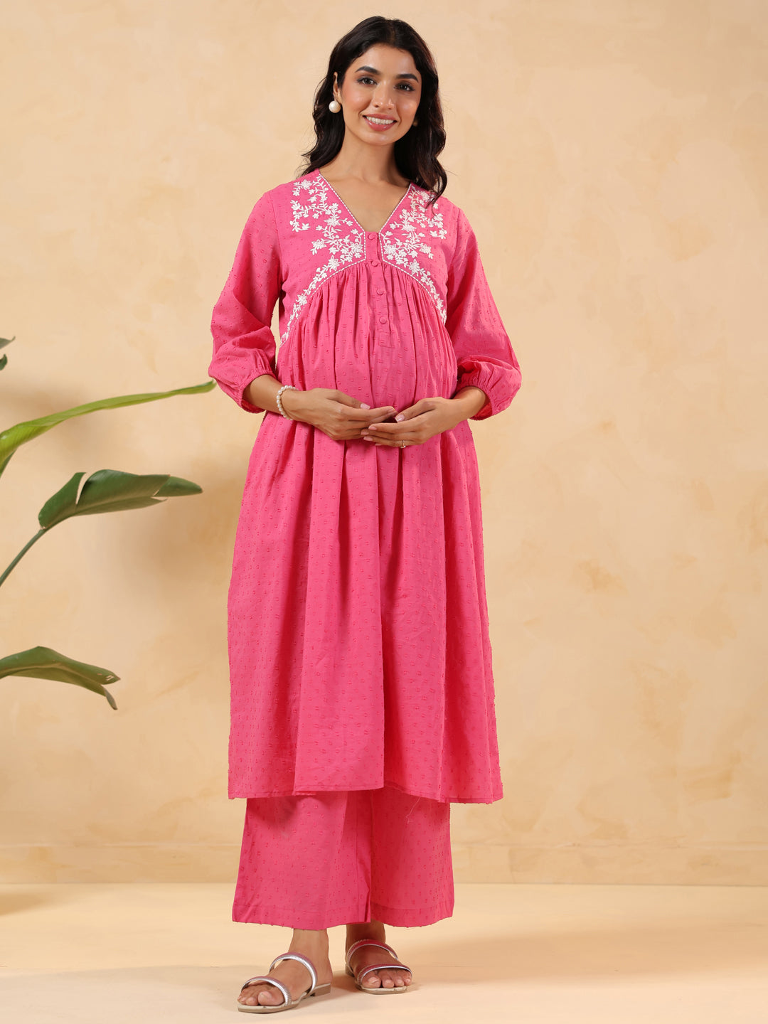 Janasya Women's Pink Dobby Pure Cotton Yoke Embroidery A-line Maternity Kurta Pant Set - qivii