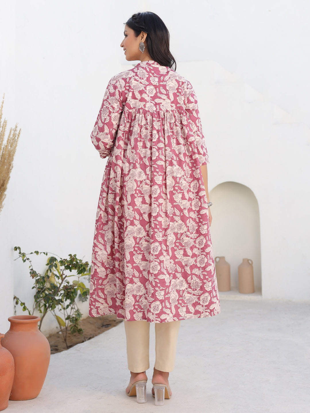 Mauve Pure Cotton Floral Printed Gathered Maternity Kurta - qivii