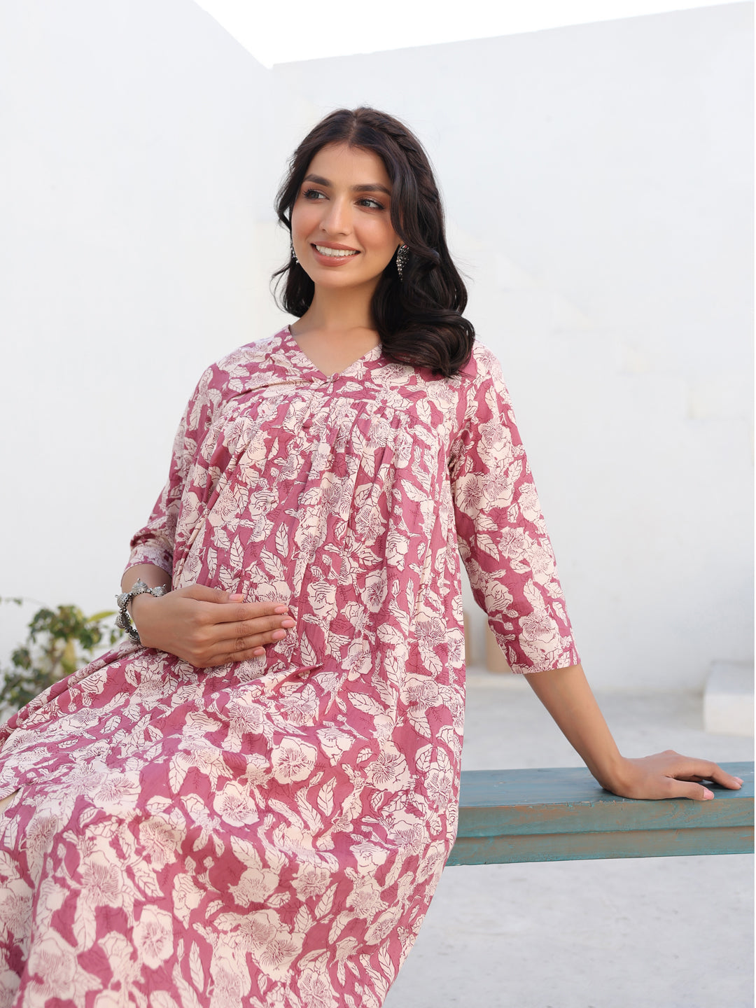 Mauve Pure Cotton Floral Printed Gathered Maternity Kurta - qivii