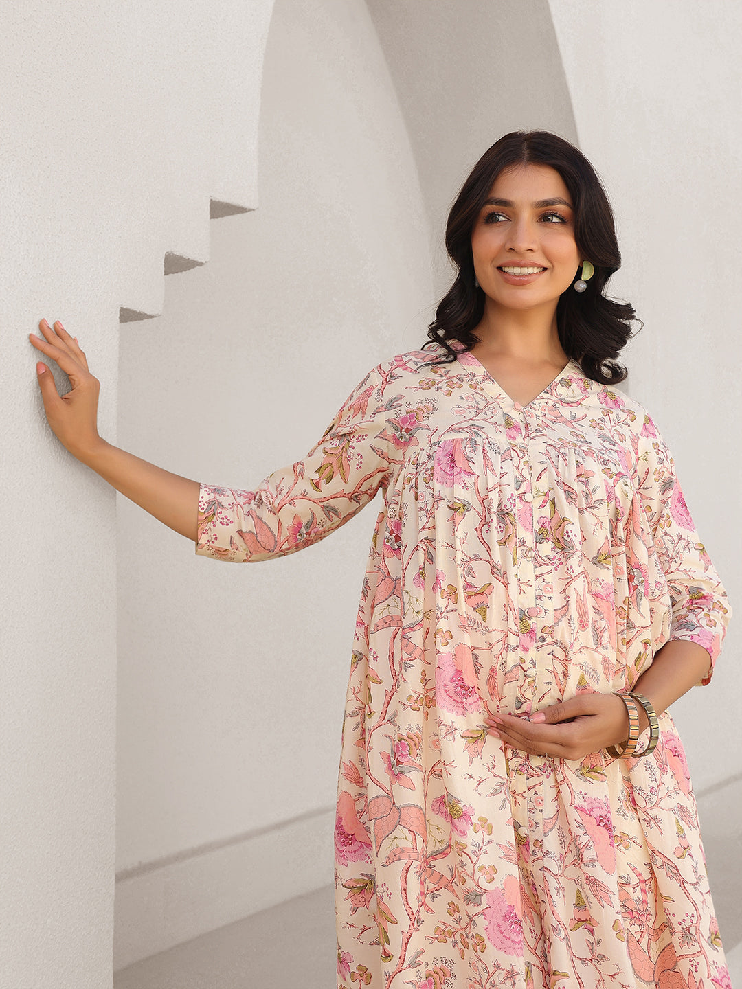 Cream Pure Cotton Floral Printed A-line Maternity Kurta - qivii