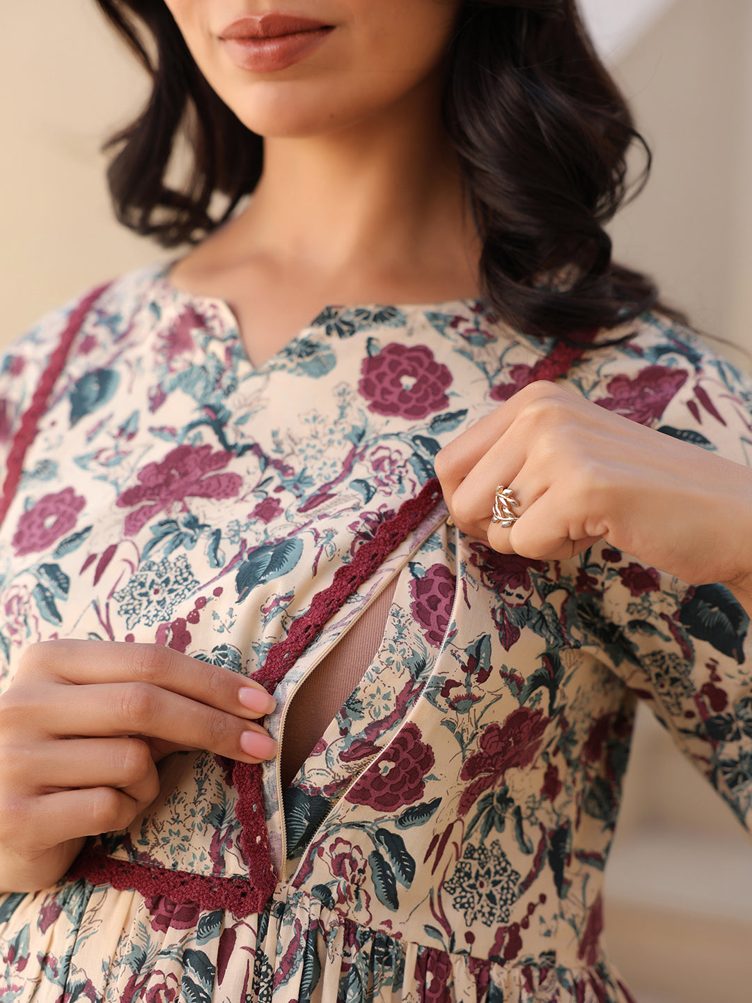 Cream Pure Cotton Floral Printed Gathered Maternity Kurta - qivii