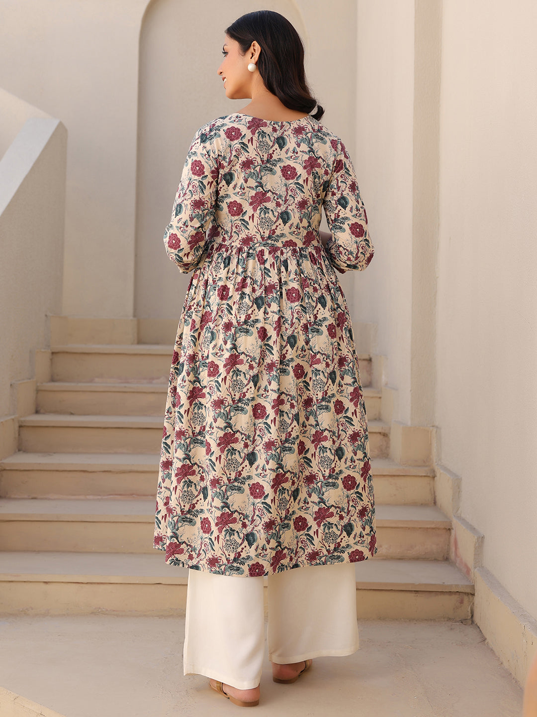 Cream Pure Cotton Floral Printed Gathered Maternity Kurta - qivii