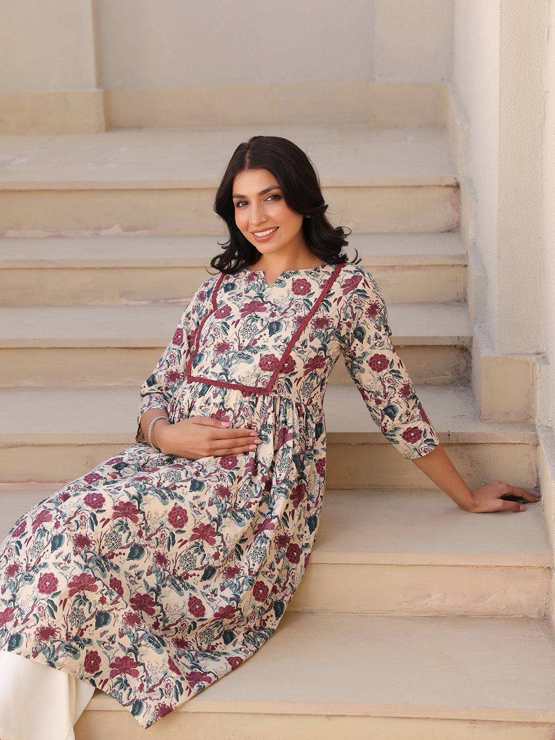 Cream Pure Cotton Floral Printed Gathered Maternity Kurta - qivii