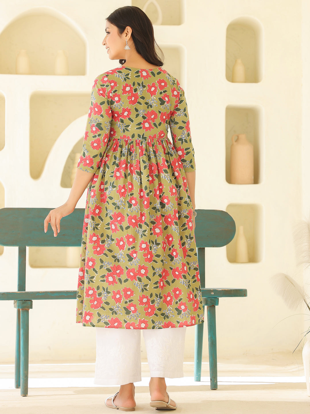 Sage Green Pure Cotton Floral Printed Gathered Maternity Kurta - qivii