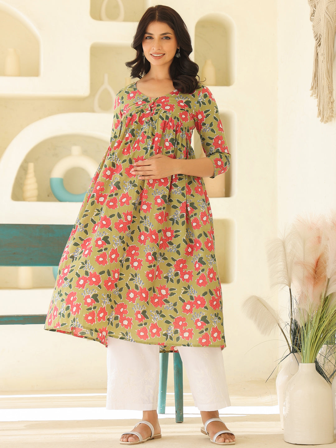 Sage Green Pure Cotton Floral Printed Gathered Maternity Kurta - qivii