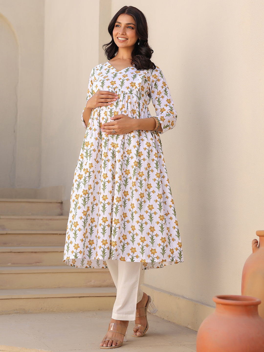 White Pure Cotton Floral Printed A-line Maternity Kurta - qivii