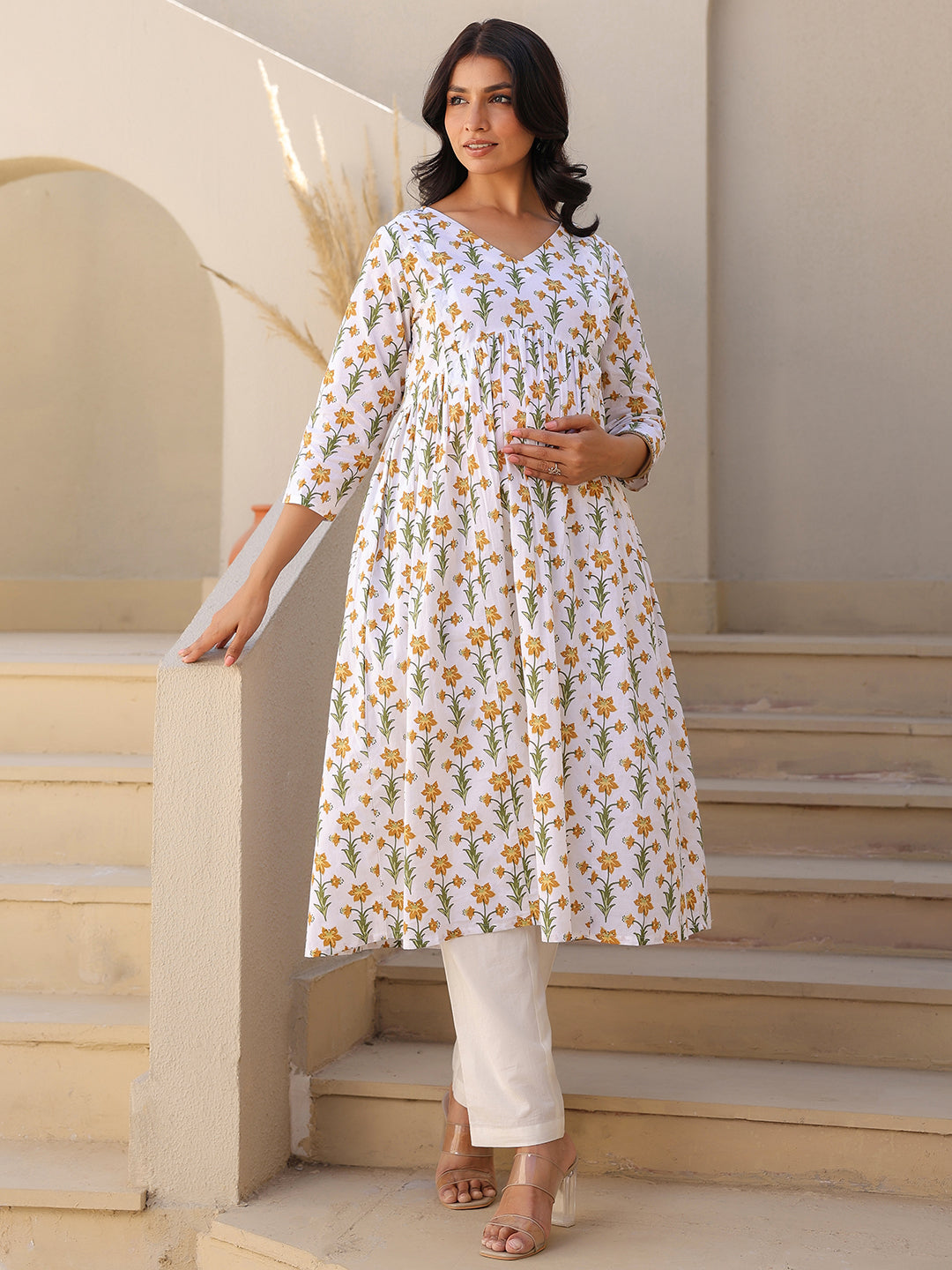 White Pure Cotton Floral Printed A-line Maternity Kurta - qivii