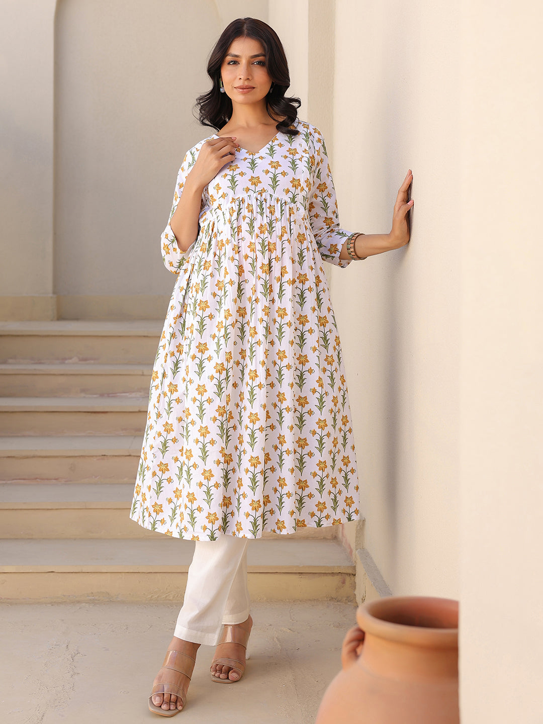 White Pure Cotton Floral Printed A-line Maternity Kurta - qivii