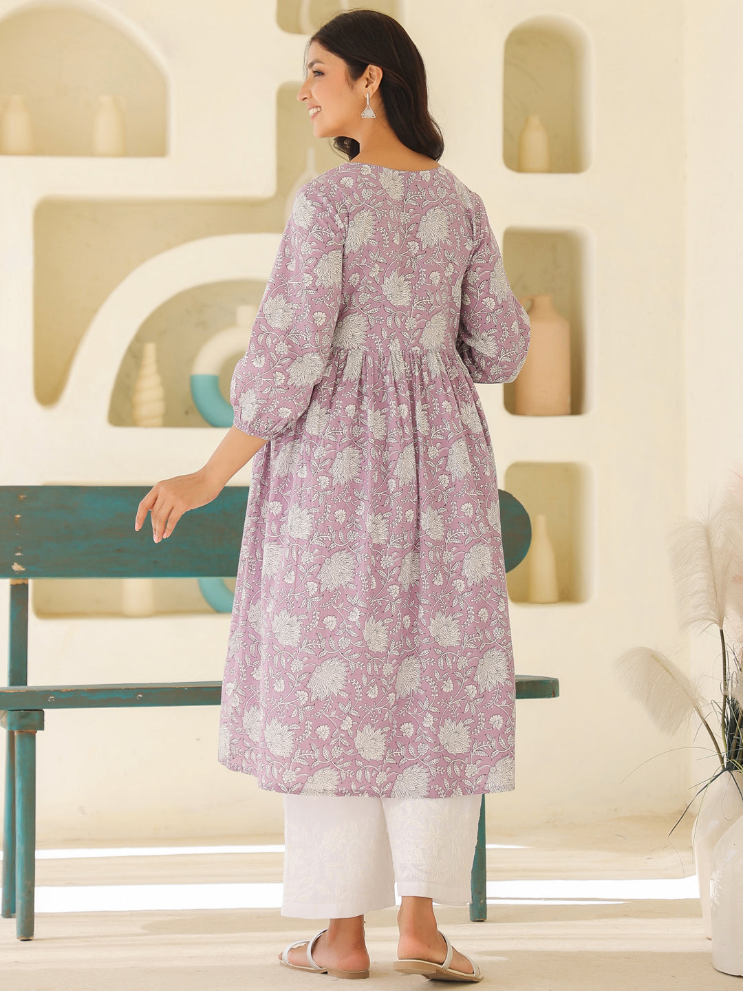 Lavender Pure Cotton Floral Printed A-line Maternity Kurta - qivii