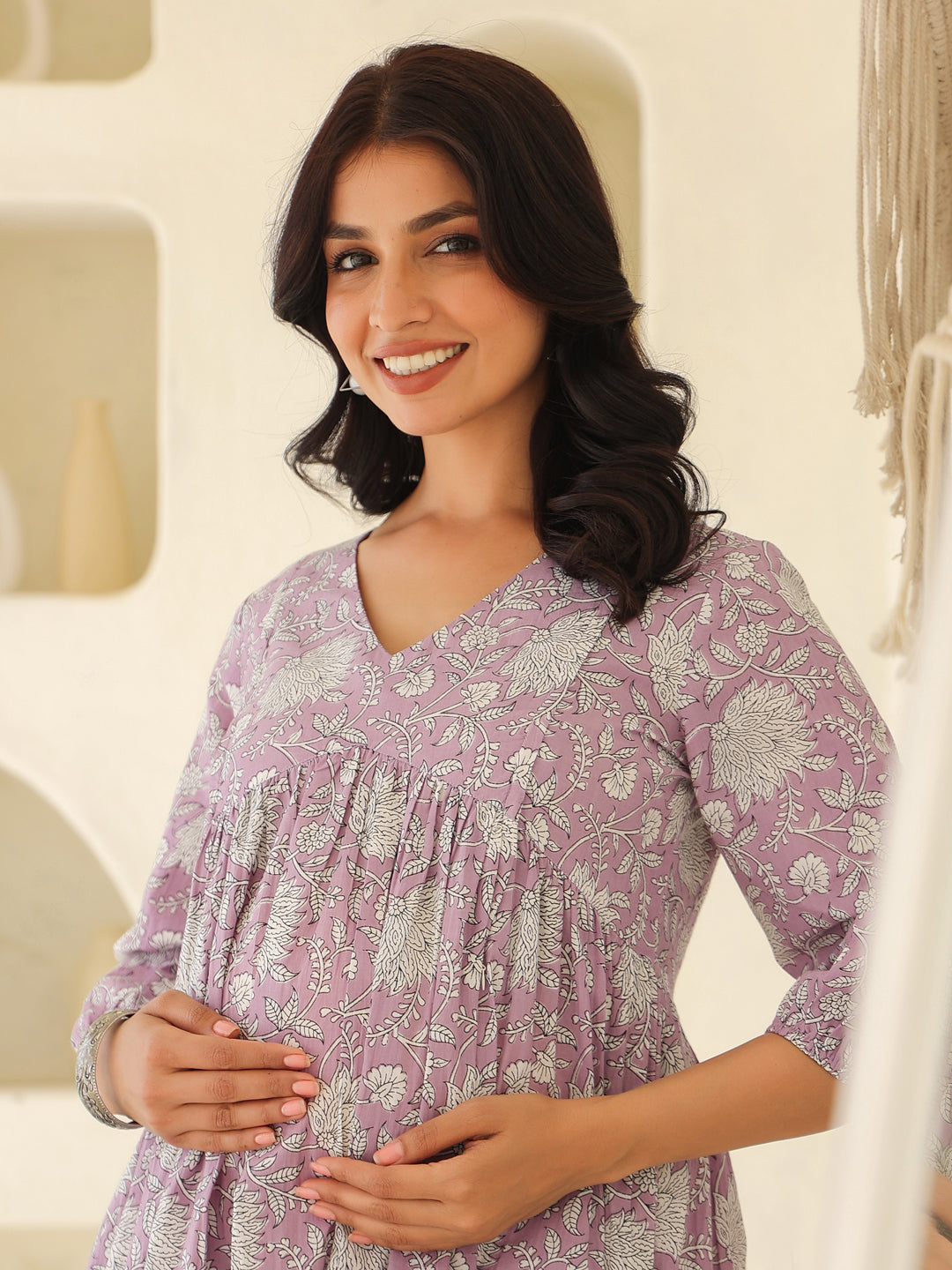 Lavender Pure Cotton Floral Printed A-line Maternity Kurta - qivii