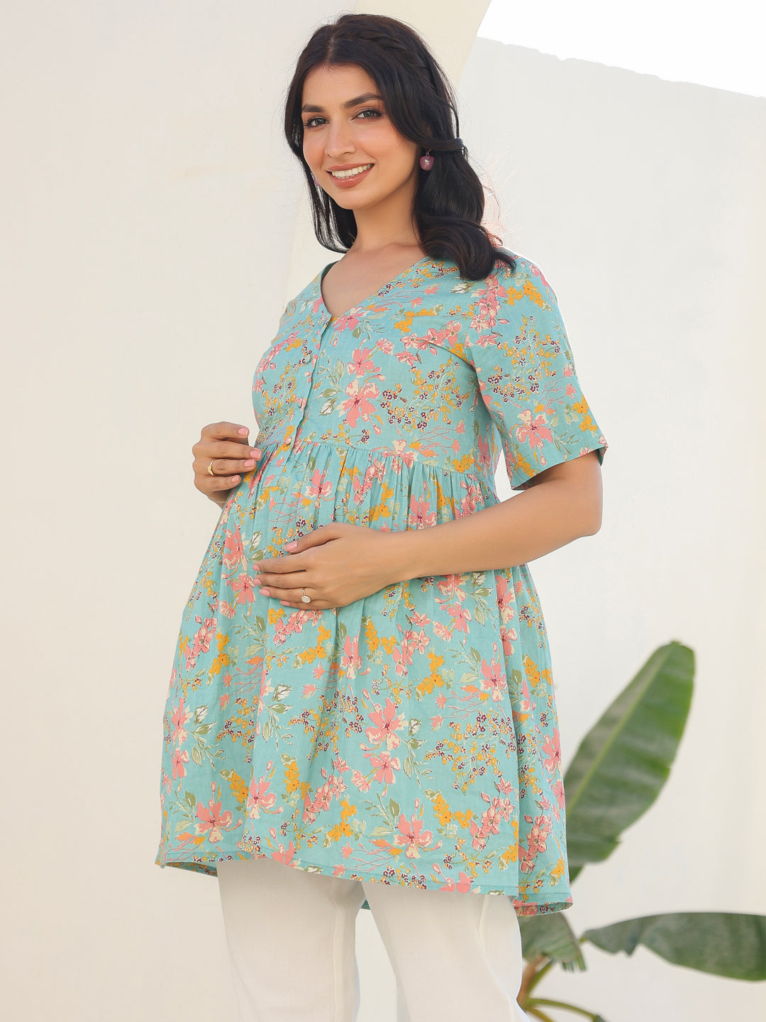 Blue Pure Cotton Floral Printed A-line Maternity Tunic - qivii