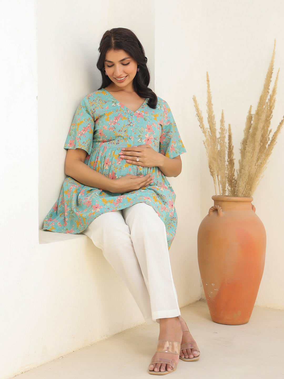 Blue Pure Cotton Floral Printed A-line Maternity Tunic - qivii