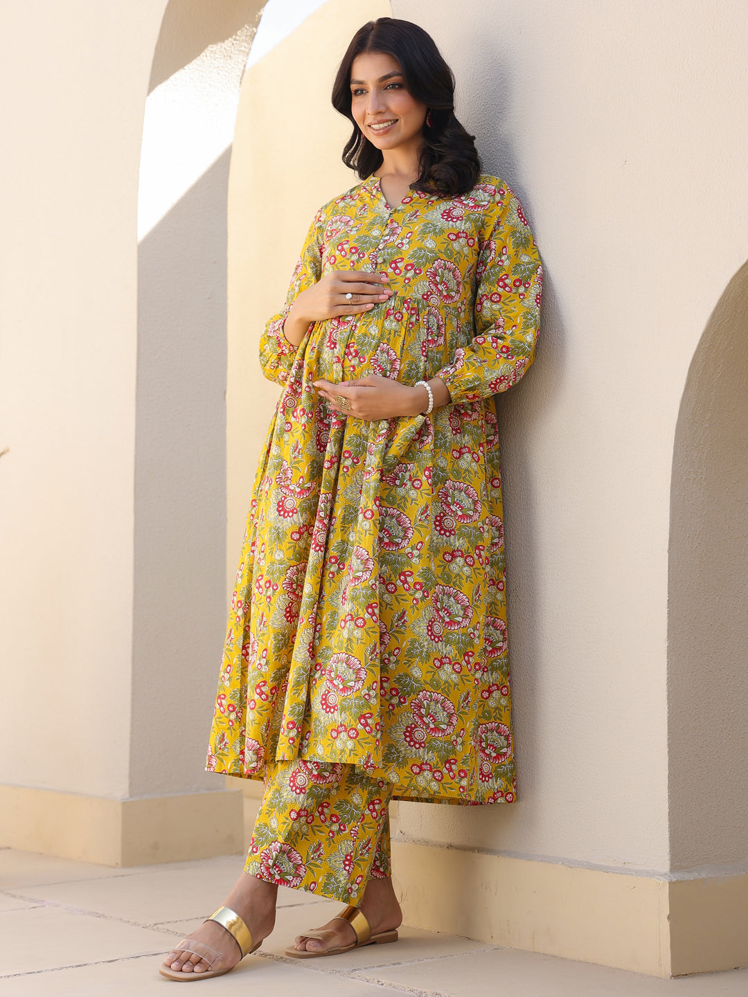 Mustard Pure Cotton Floral Printed A-line Maternity Kurta Pant Set - qivii
