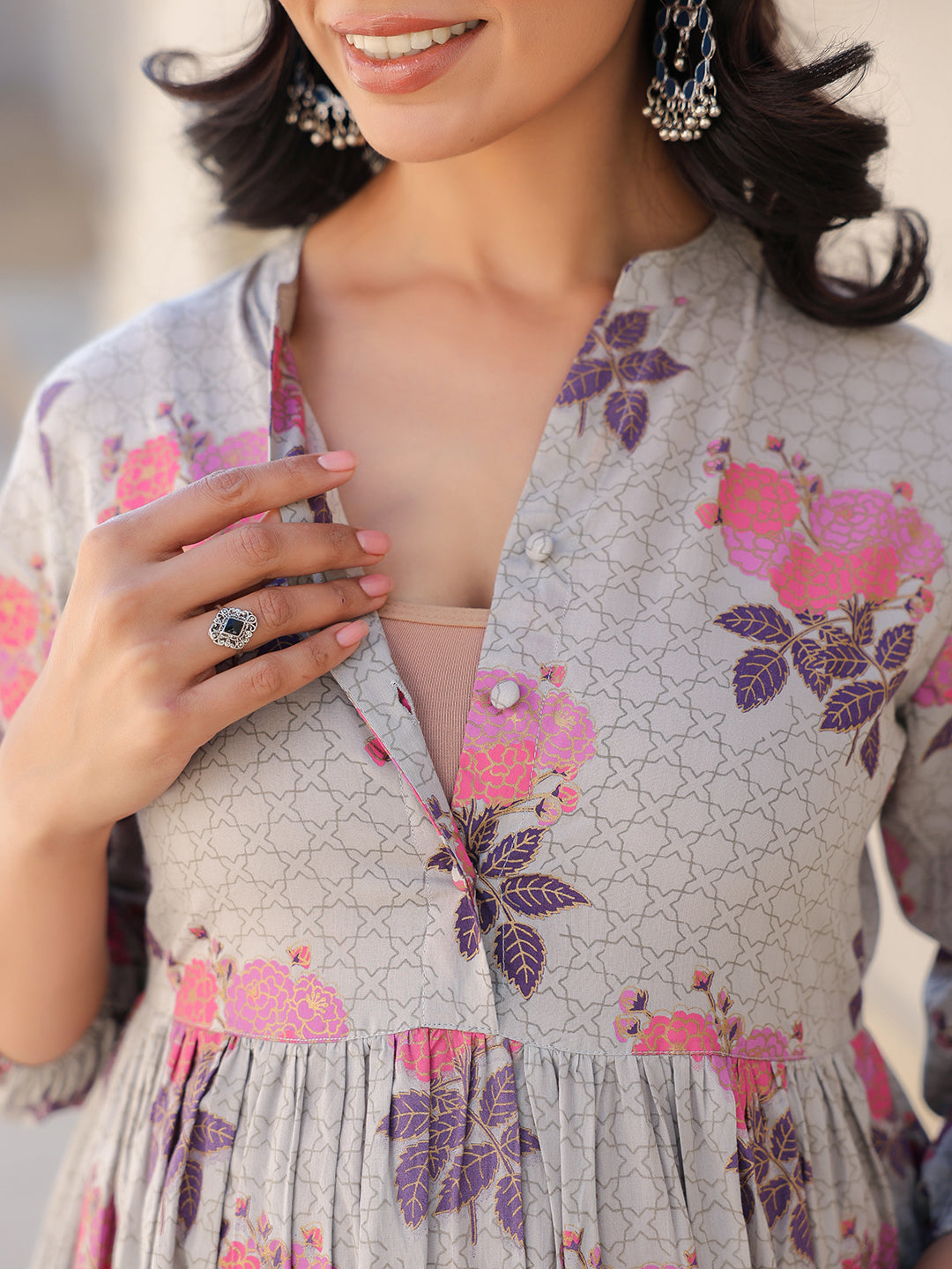 Grey Pure Cotton Foil Printed Flared Maternity Kurta Set - qivii