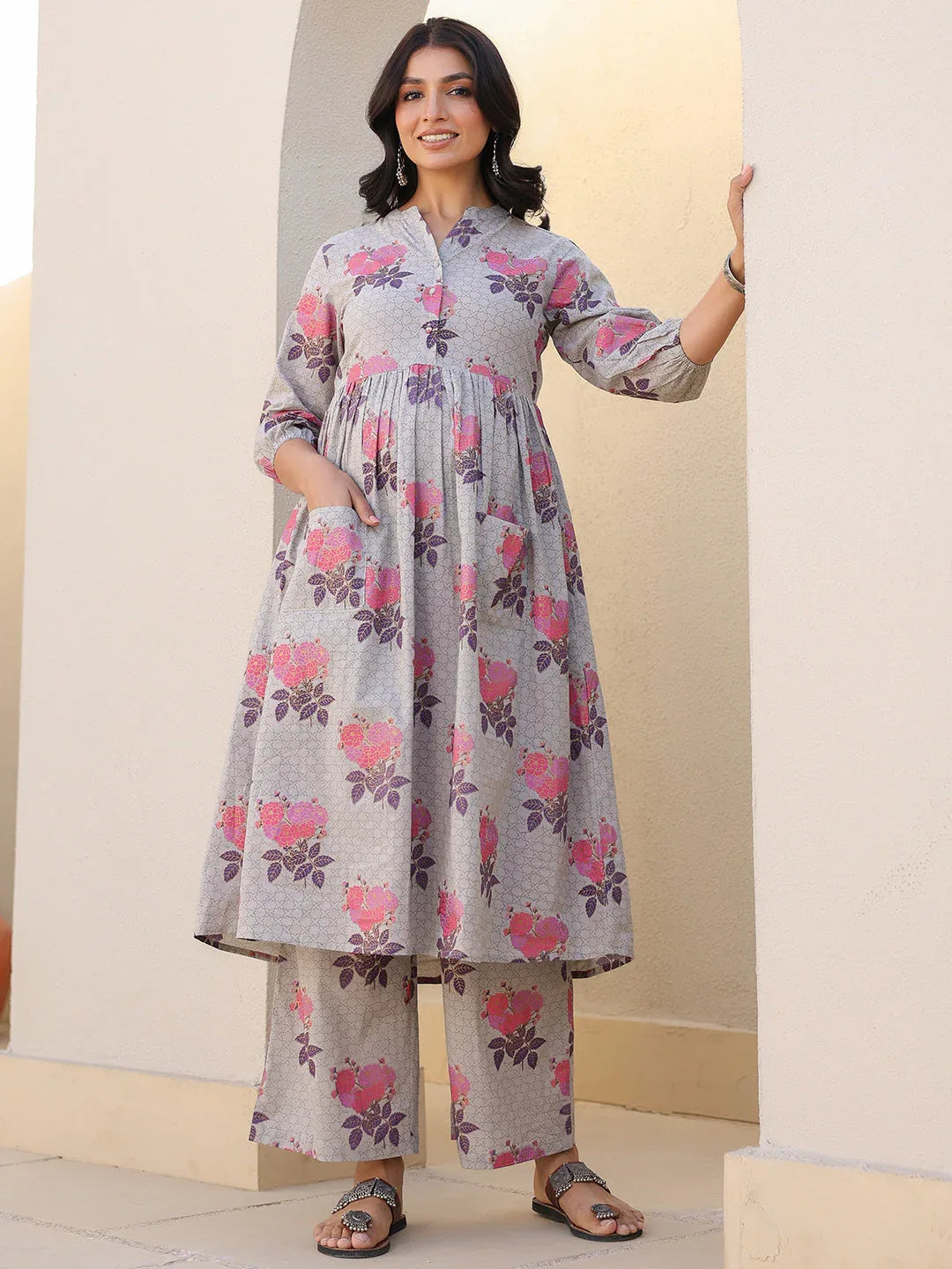 Grey Pure Cotton Foil Printed Flared Maternity Kurta Set