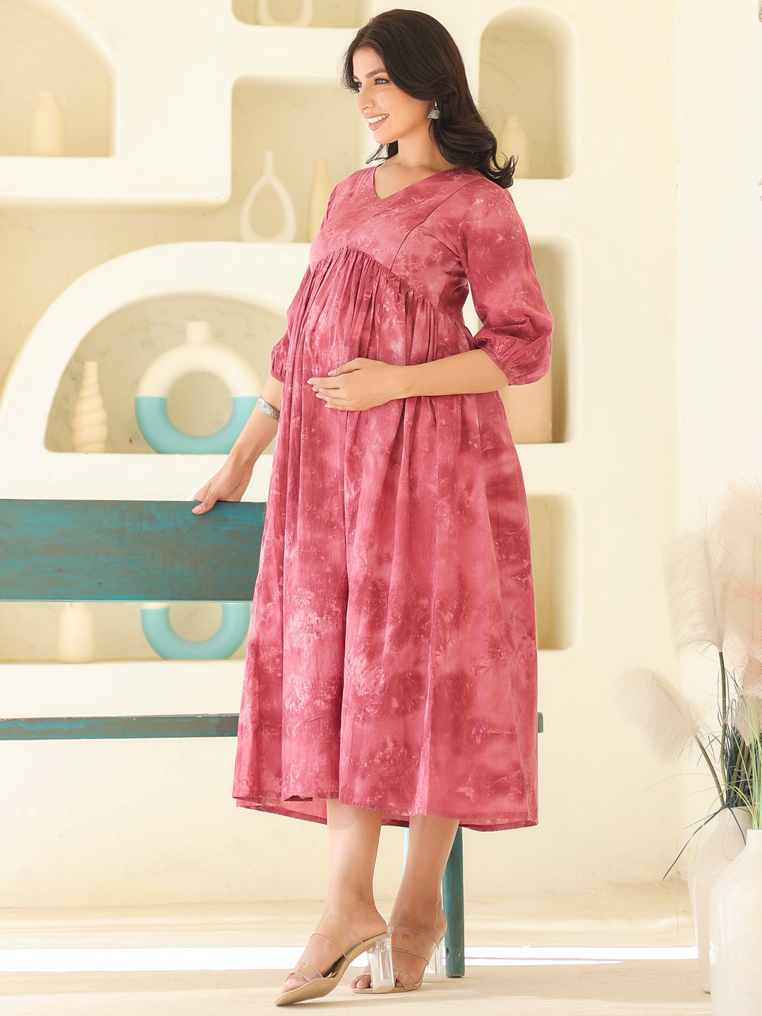 Mauve Pure Cotton Tie & Dye A-line Maternity Dress - qivii