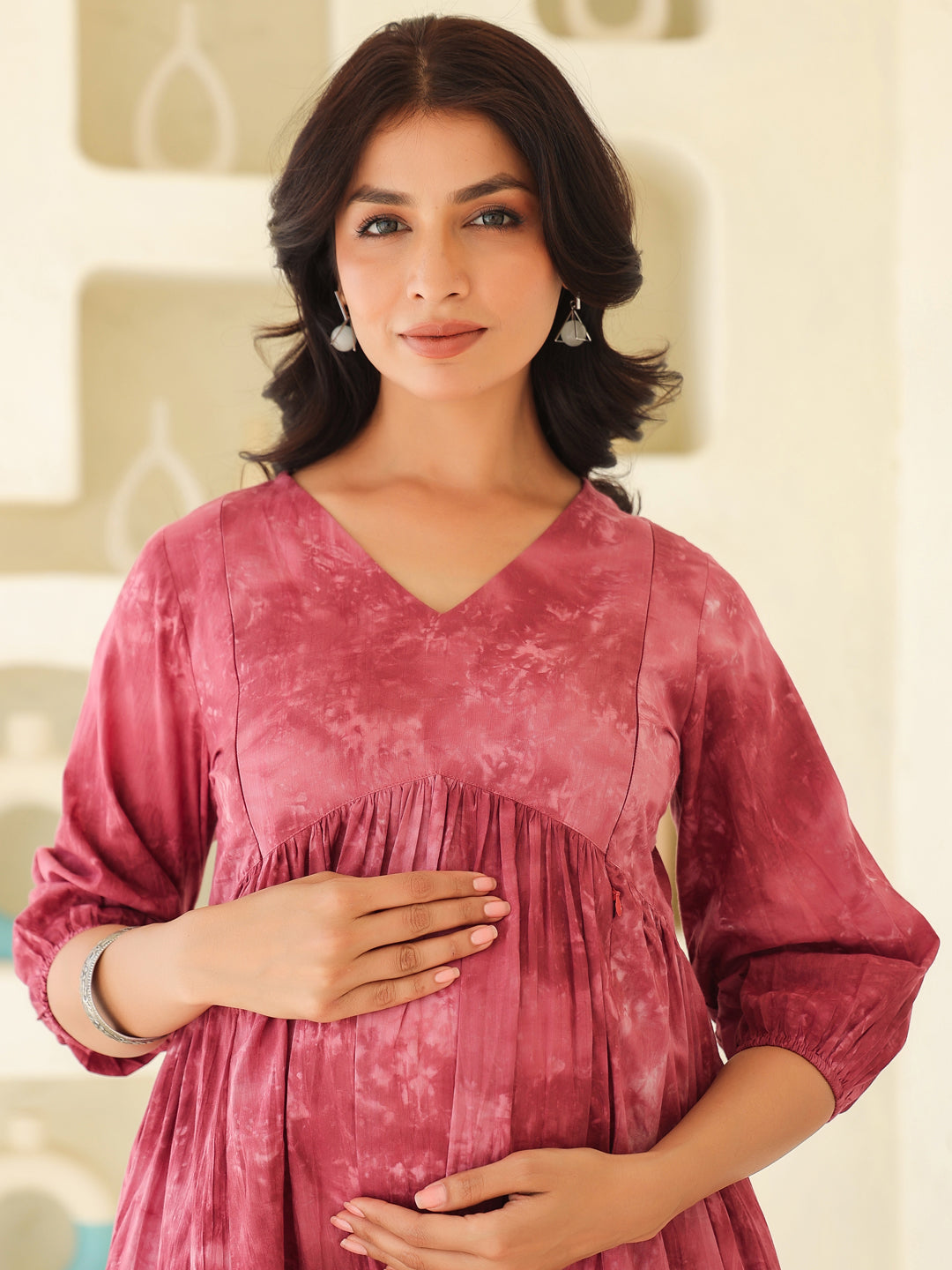 Mauve Pure Cotton Tie & Dye A-line Maternity Dress - qivii