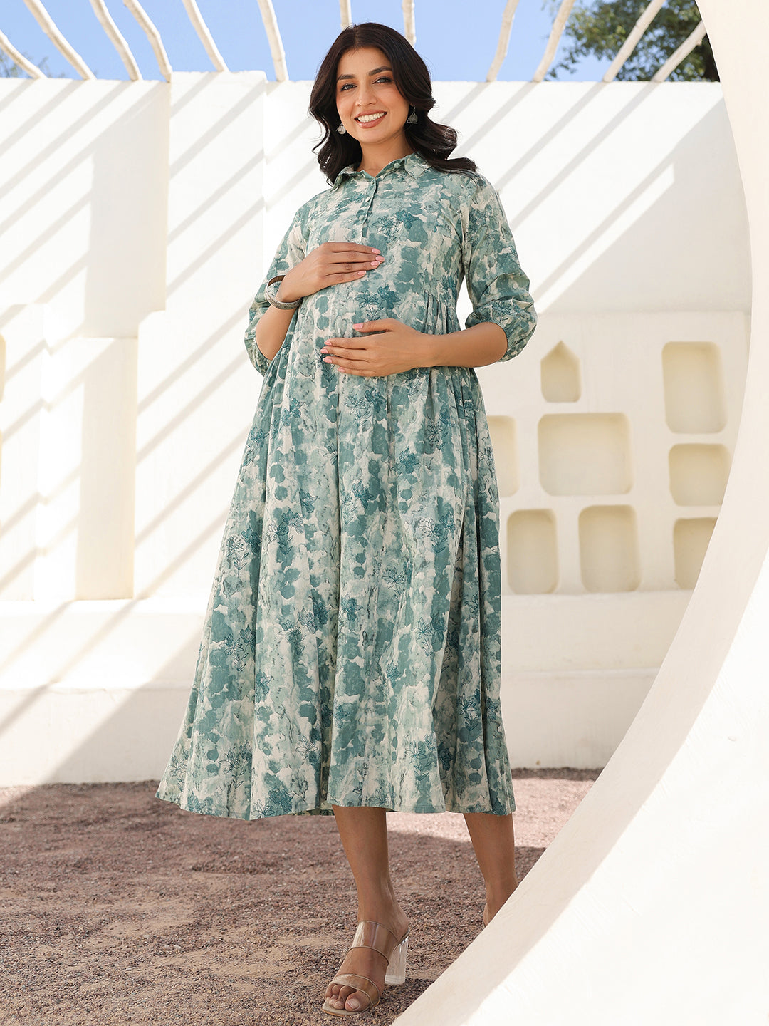 Sage Green Pure Cotton Tie-dye A-line Maternity Dress - qivii