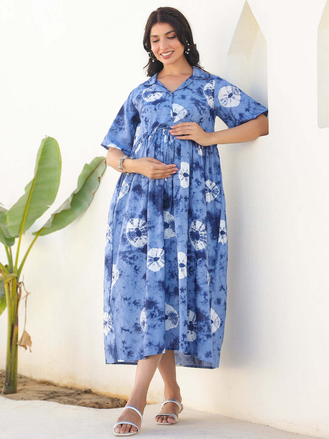 Blue Pure Cotton Tie & Dye Gathered Maternity Dress - qivii